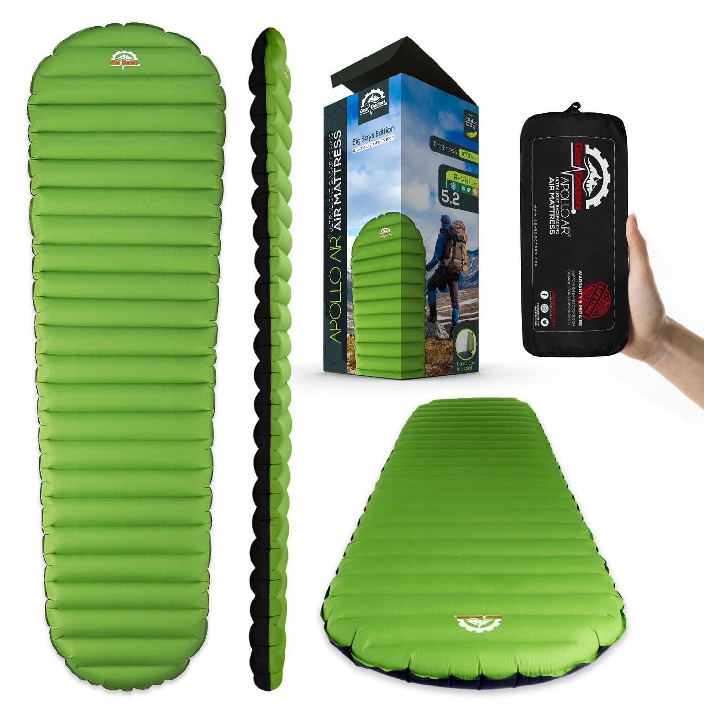 Gear Doctors® ApolloAir 5.2 R-Value [17oz] Ultralight Insulated Inflatable Camping Sleeping Pad
