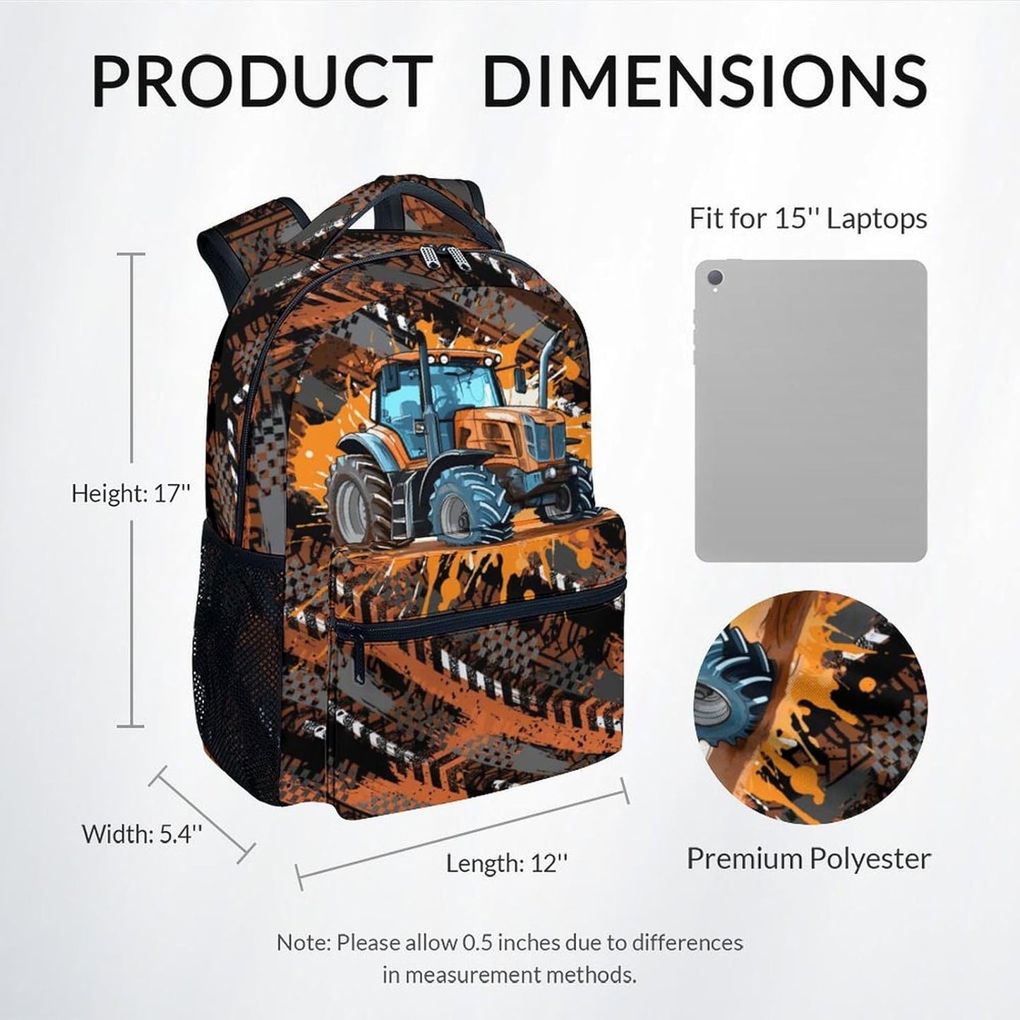 Mercuryelf Backpack for Boys - 17 Inch Tractor Backpacks for School - Cool Bookbag for Teen Kids - Lightweight Durable School Bag