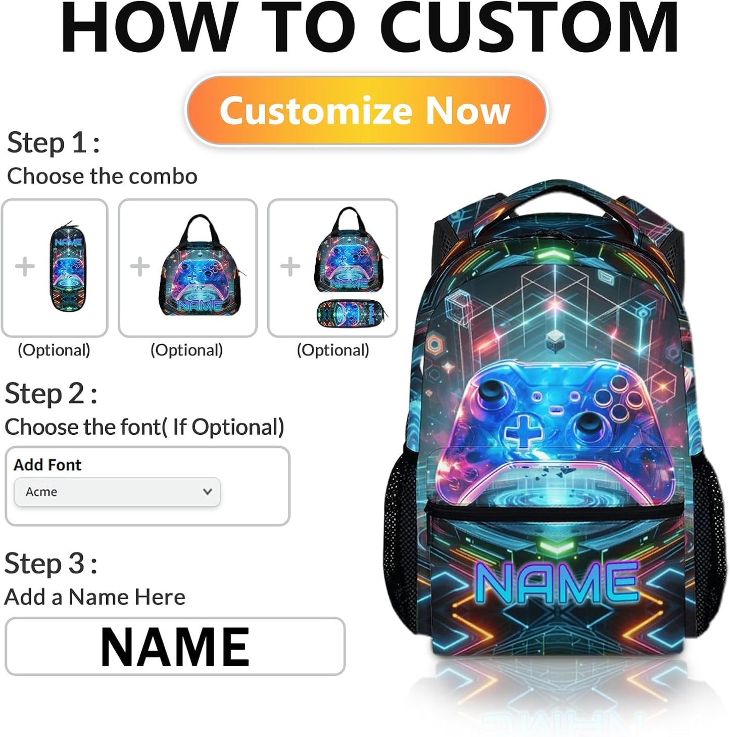 Kids Backpacks for Boys, 17" Back to School Gifts for Kids Children 8-12, Personalized Game Bookbag Supplies with Pockets for Preschool Elementary, Custom School Backpacks for Gaming Lovers