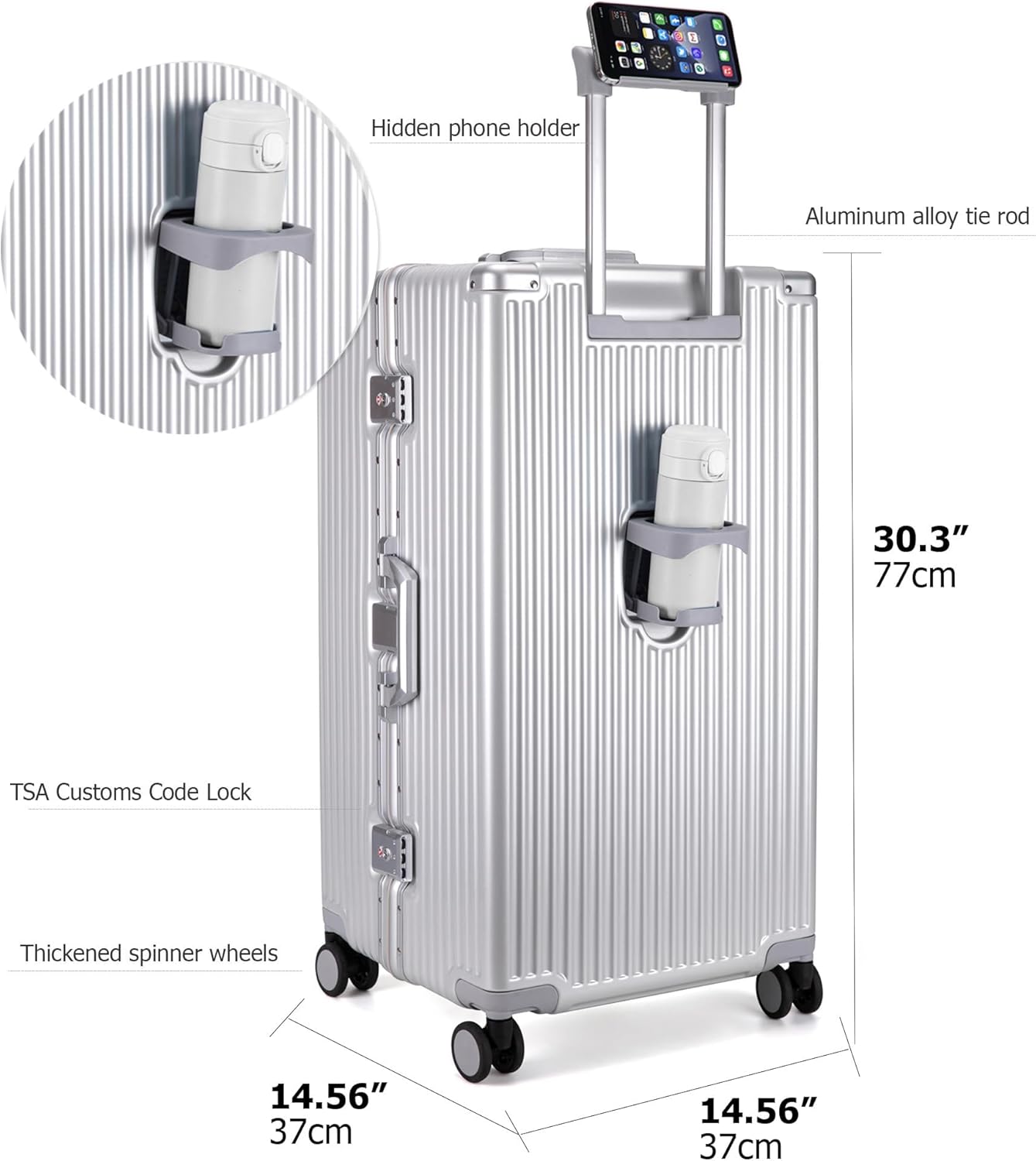 feilario 30in Super Large Captain Aluminum Frame Hardside Spinner Wheels Luggage, Removable Wheels Zipperless Checked Suitcase with Cup Holder/Phone Holder