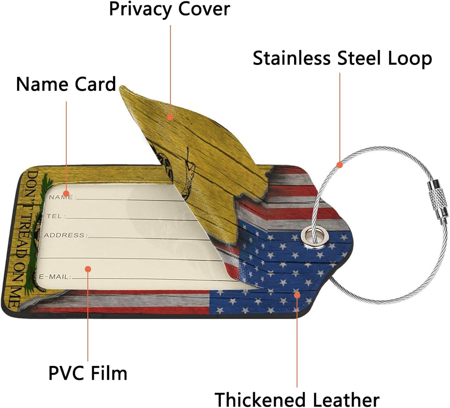 2 Pack Luggage Tags for Suitcase, Privacy Cover ID Label with Stainless Steel and Address Card for Travel Bag Backpack Cruise Ship Essentials Tag Women Men - Don't Tread On Me American Flag