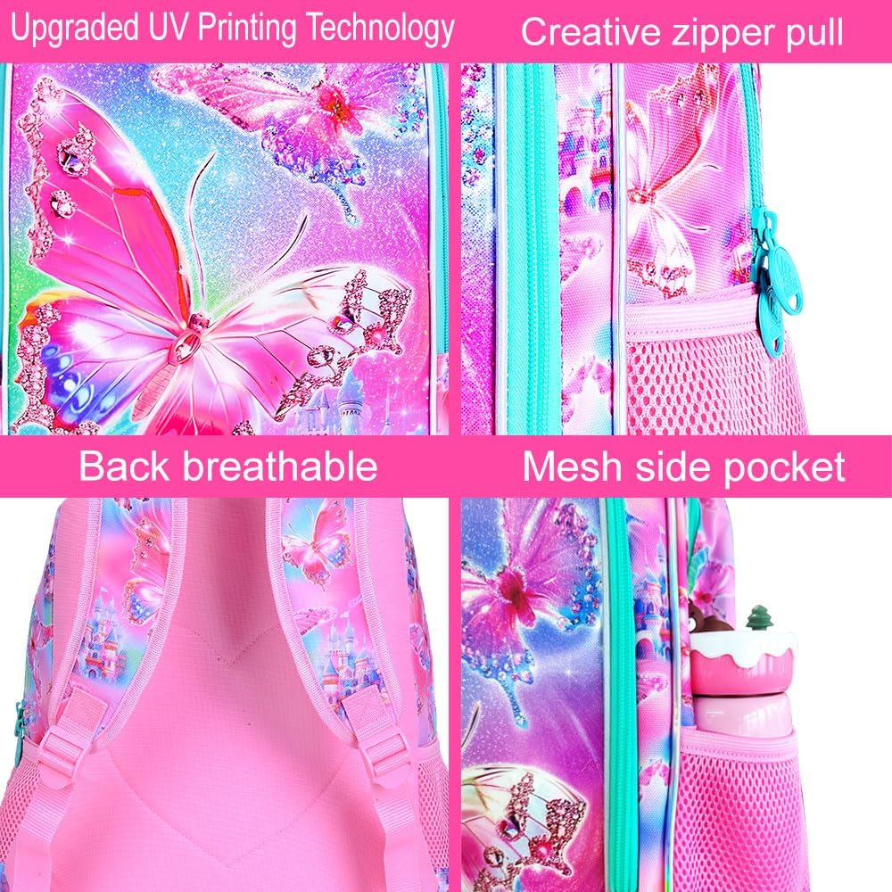 KLFVB 3PCS Butterfly Backpack for Girls, Water Resistant Kids Bookbag with Lunch Box, 16" Preschool Backpacks for Elementary - Butterfly Pink