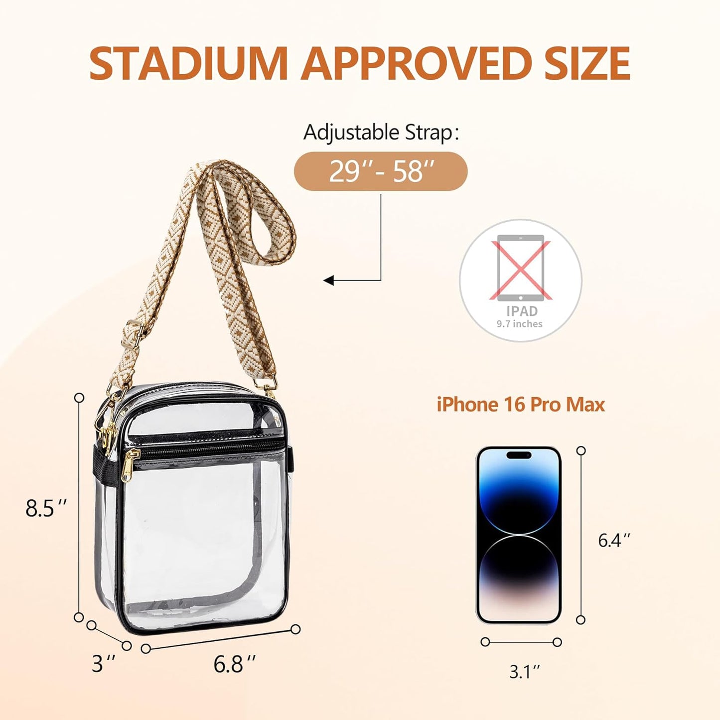 Clear Bag for Stadium Events, Clear Purse with Removable Strap, Messenger Bag for Concert Work Sports and Fetivals