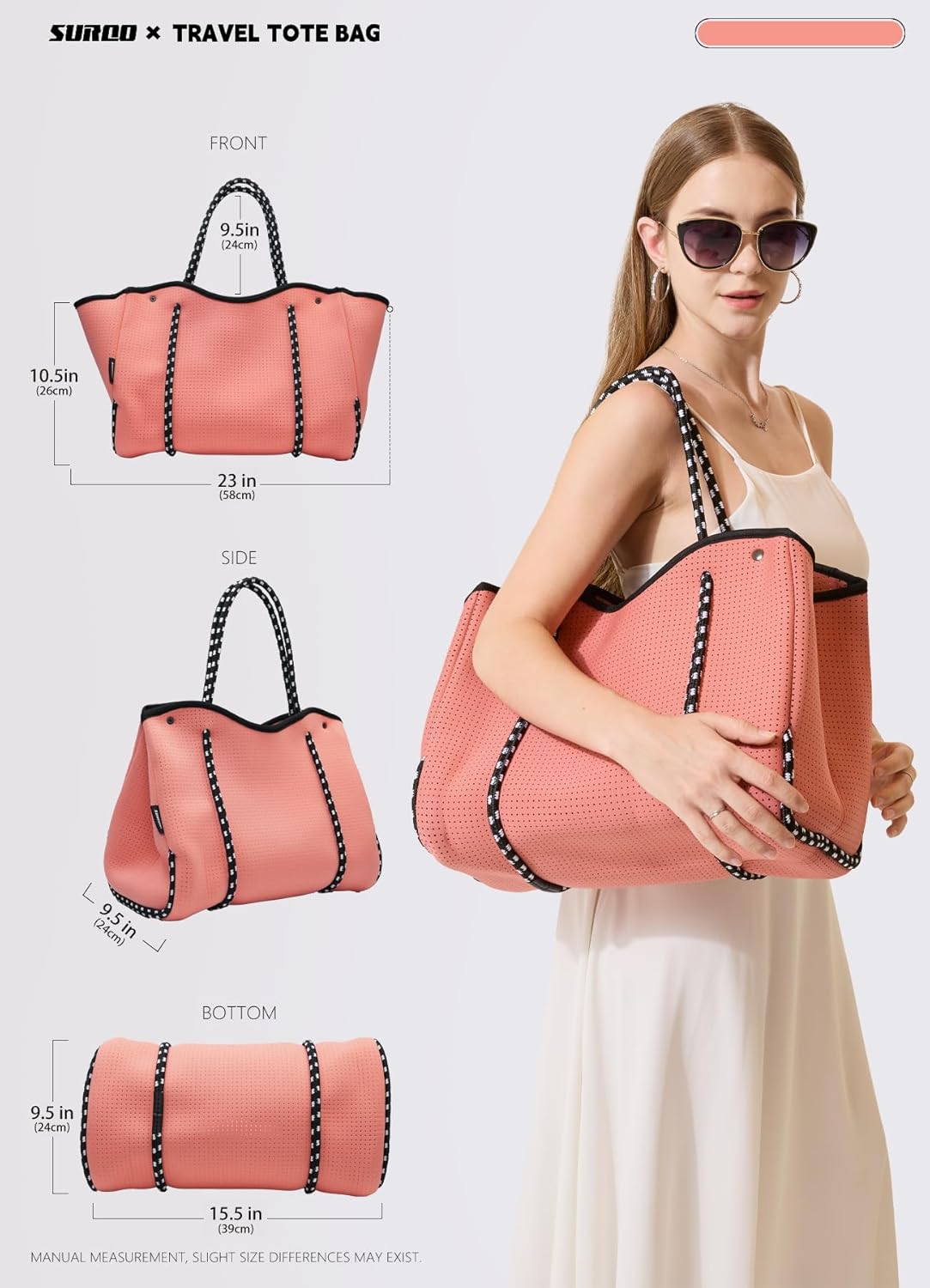 Neoprene Beach Bag for Women, Large Travel Tote Gym & Pool Bag, Detachable Pouch