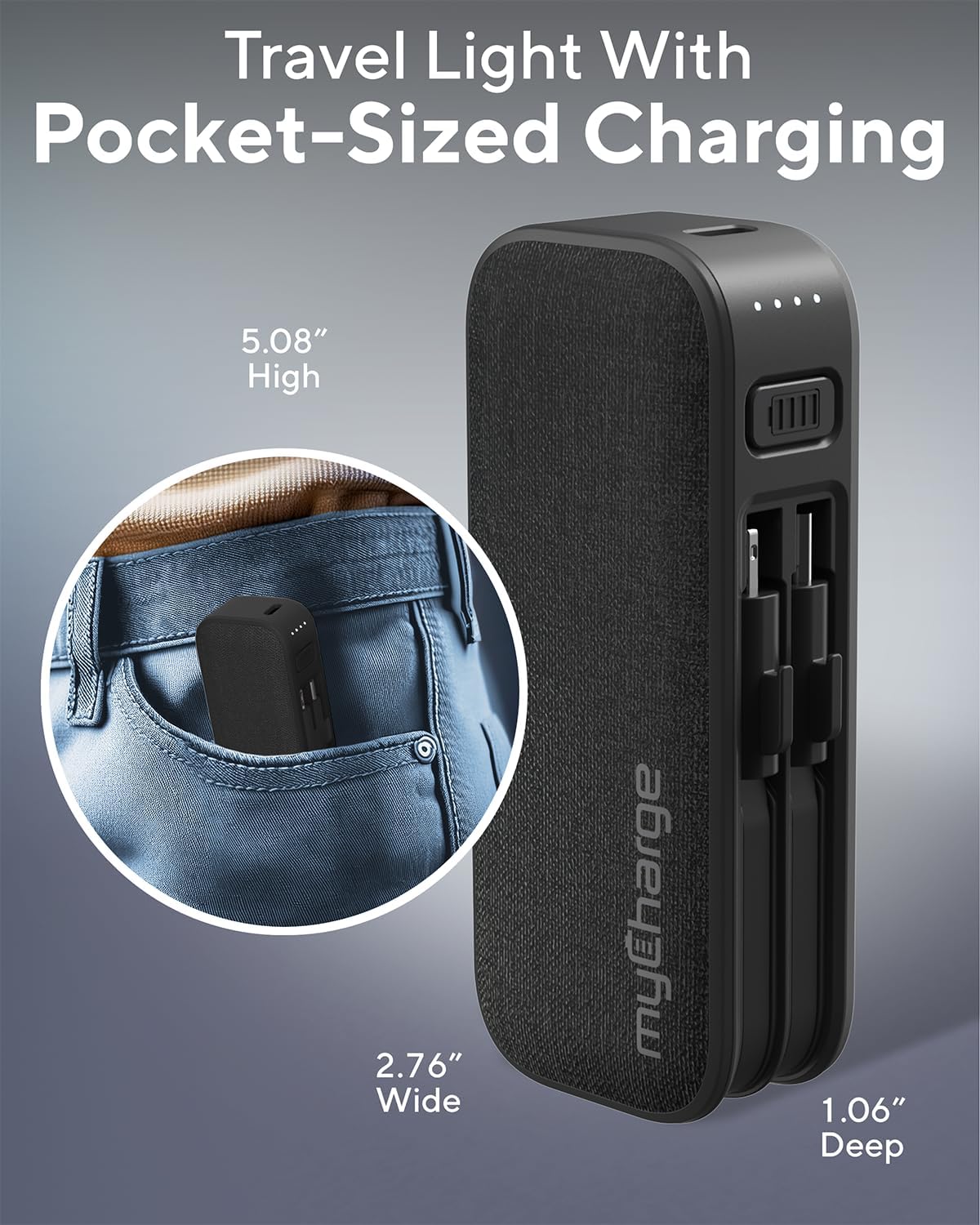 myCharge PowerHub Mini Portable Charger for iPhone - 3000mAh & Built in Cables (Lightning, Type C) 12W Turbo USB C Power Bank Fast Charging Battery Pack (Black)