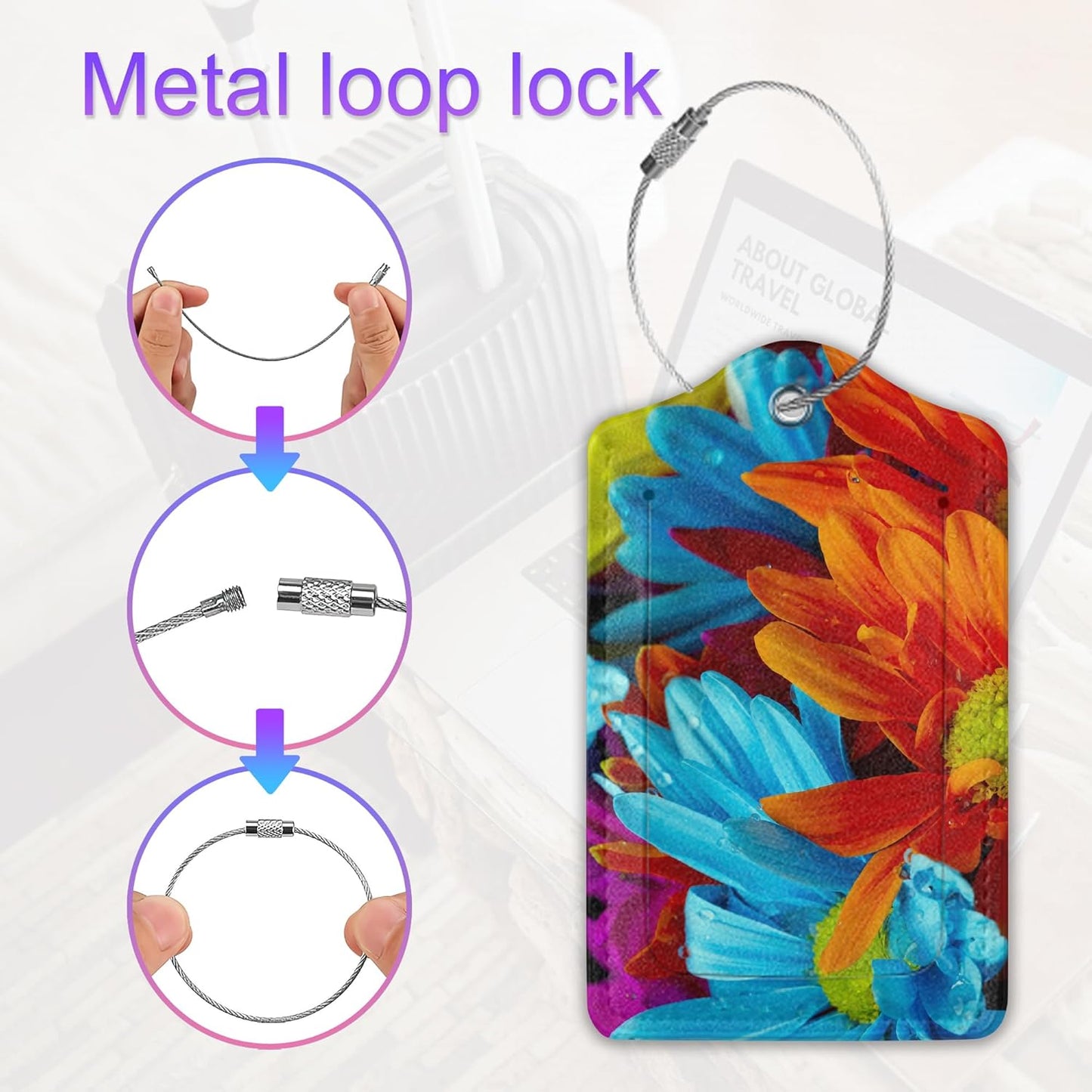 2 Pack Leather Luggage Tag for Suitcase Colorful Daisy Flowers Unique Travel Tags with Privacy Cover ID Label & Stainless Steel Loop for Men and Women Baggage