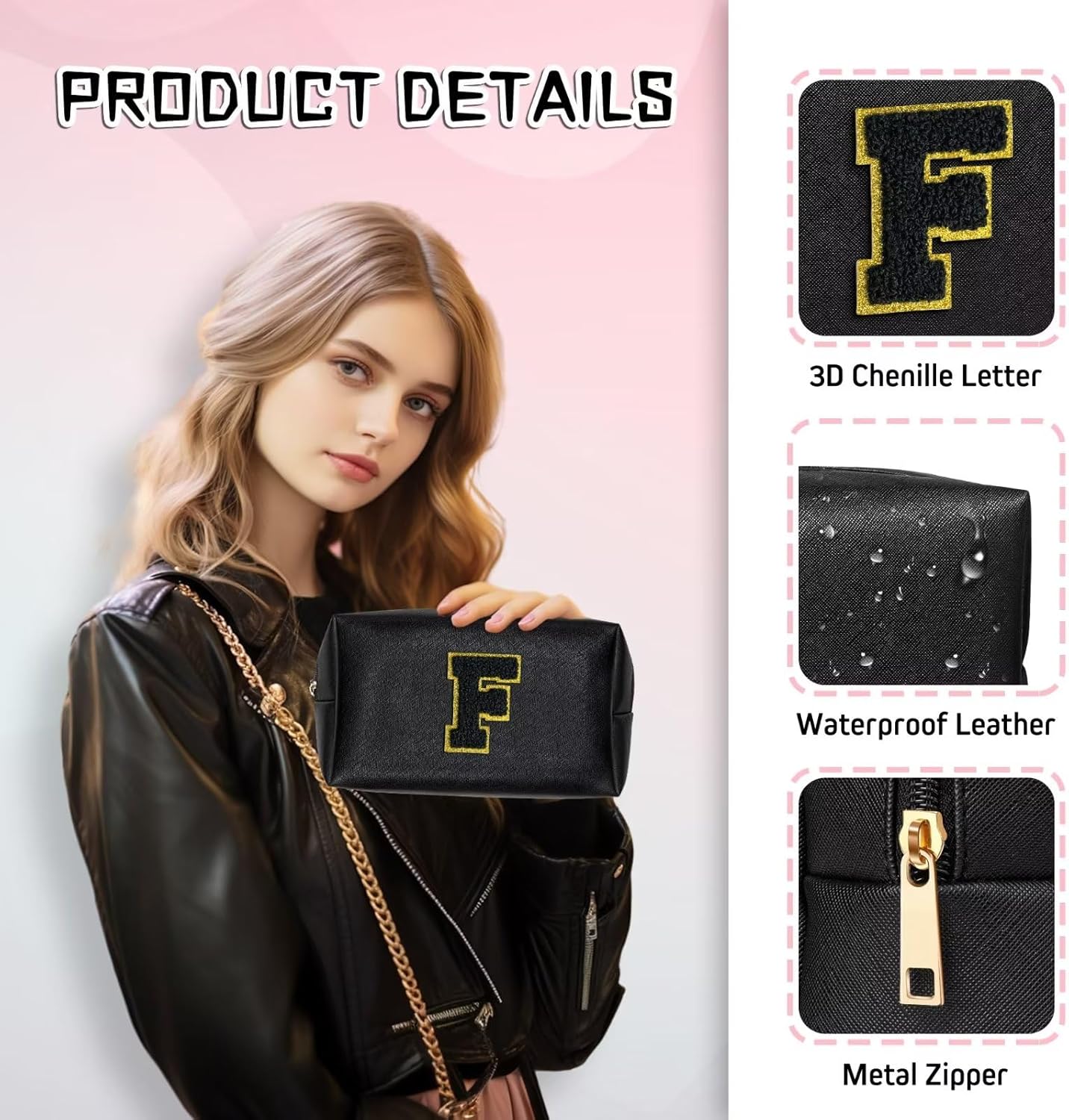TOPEAST Initial Cosmetic Bag, PU Leather Waterproof Travel Toiletry Bag, Monogrammed Gifts for
