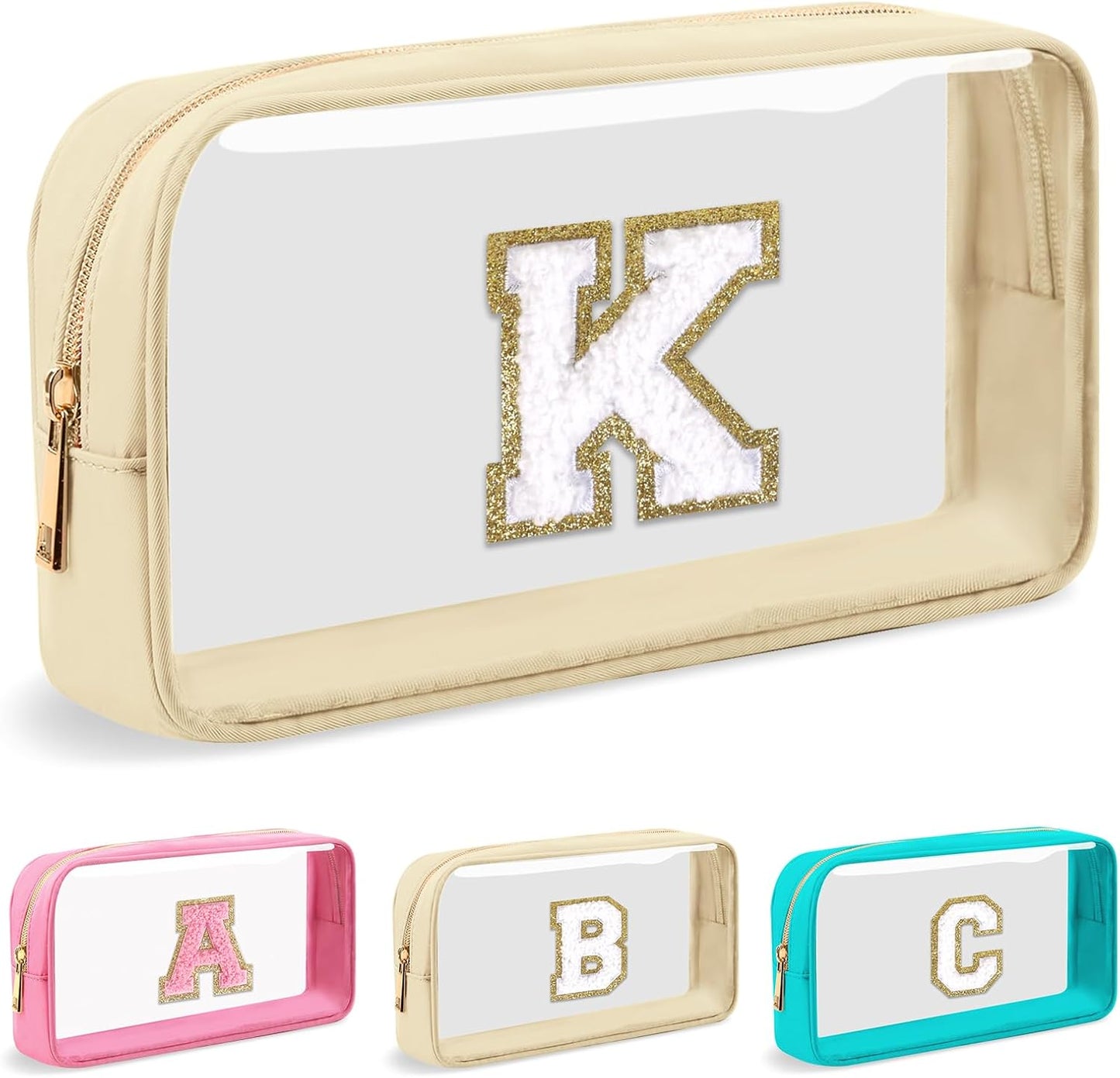 Personalized Initial Letter Clear Makeup Bag,Preppy Small Nylon&PVC Cosmetic Zipper Bag with Chenille Letter,Portable Beach Travel Skincare Toiletry Bag,Trendy Monogram Gift for Teen Girls Women,K