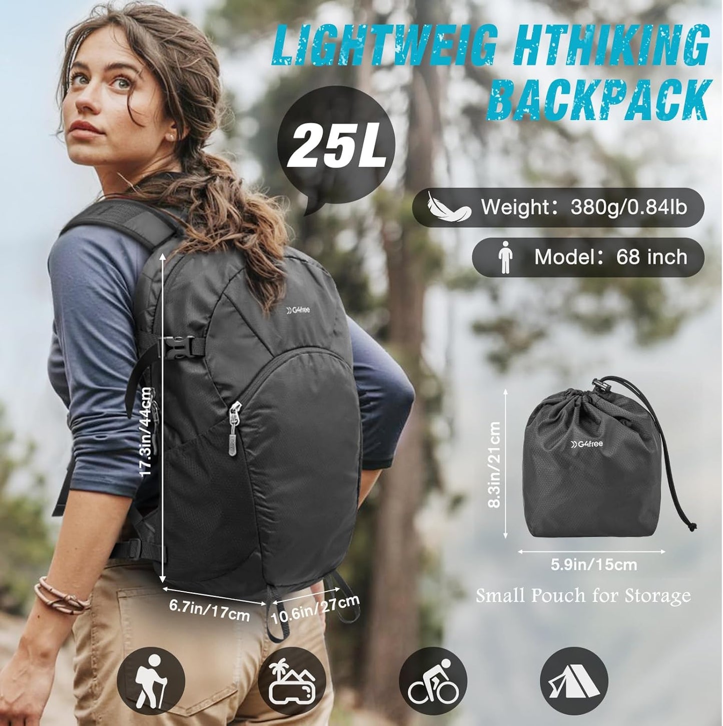 G4Free Hiking Backpack with Thickened Back Panel Packable 25L Lightweight Foldable Travel Daypack for Men Women(Black)