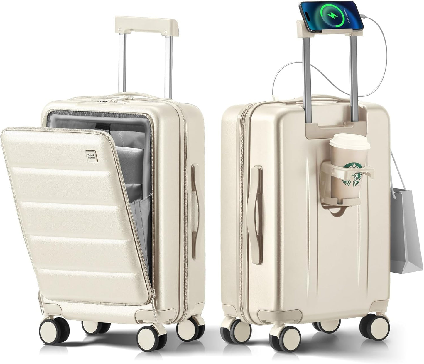 20 IN Carry On Luggage 22x14x9 Airline Approved - Front Pocket Hardside Travel Suitcase Unbreakable -with Cup Holder,Charging Port,Side Pothook, 360°Spinner Wheels, TSA Lock-White