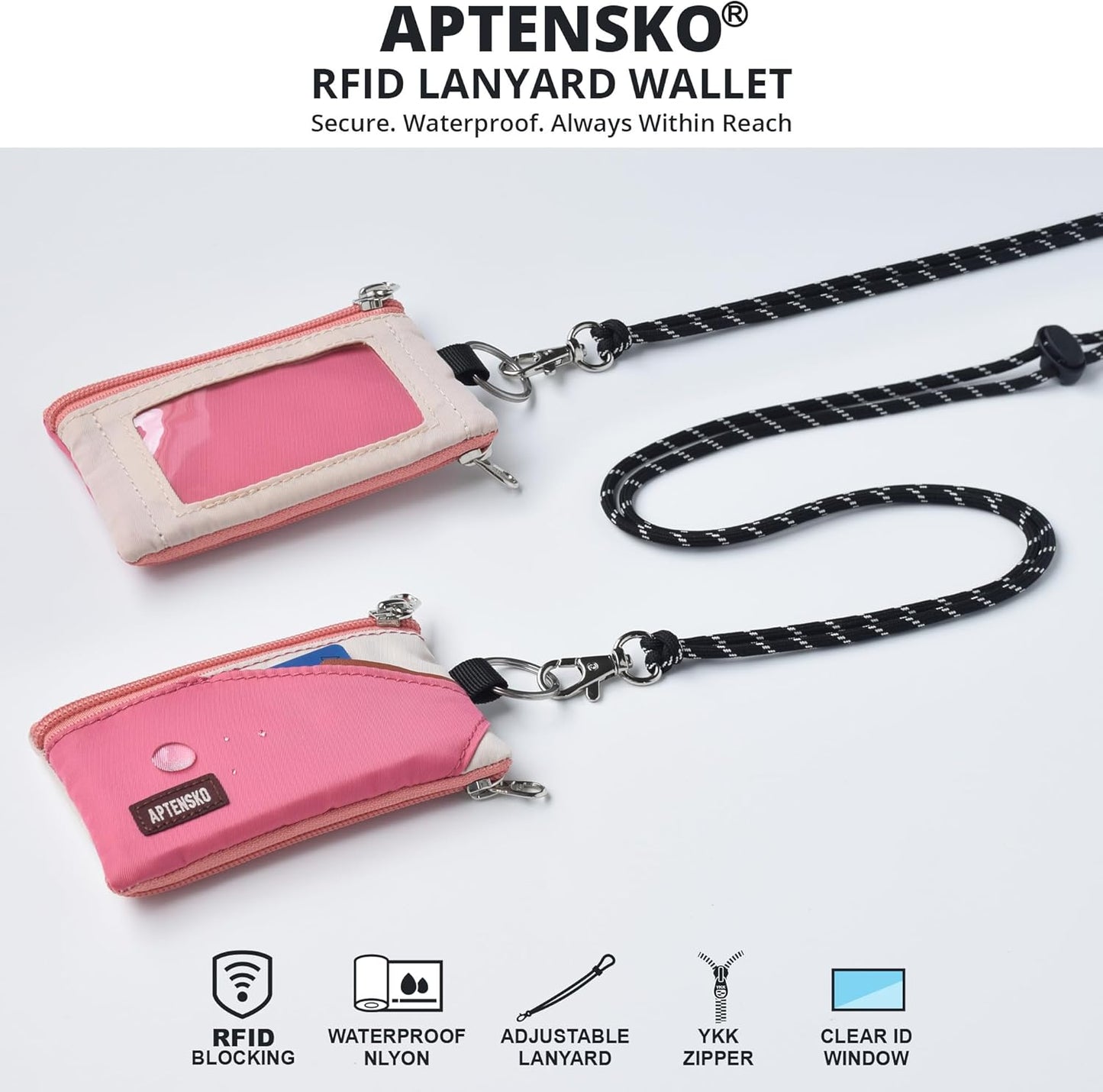 RFID Travel Wallet with Adjustable Lanyard-Zipper Small Wallet with ID Card Holder, Keychain for women&men-Minimalist Slim Waterproof Nylon case for ID, Cash, Key (Pink+Almond)