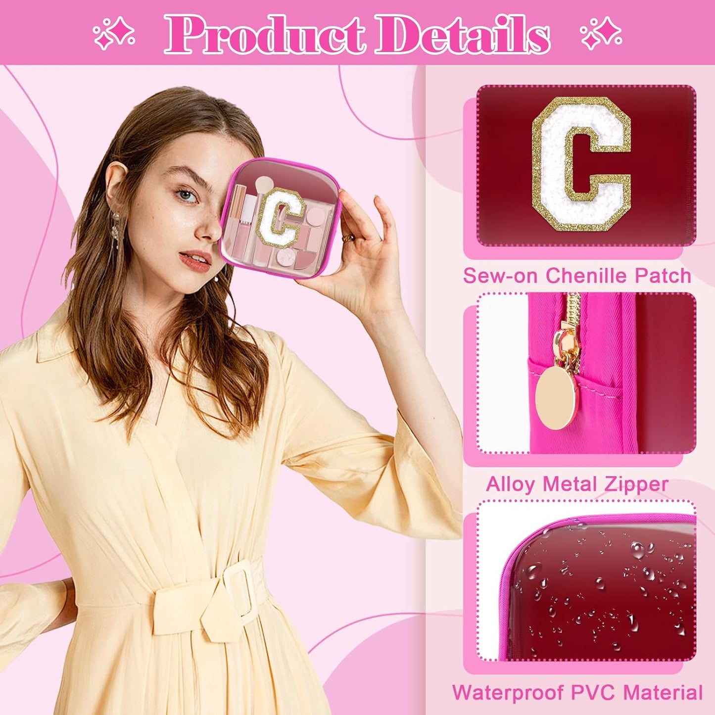 Personalized Initial Letter Clear Preppy Makeup Bag,Mini Nylon Chenille Letter Cosmetic Bag Cute Zipper Pouch Coin Purse for Teen Girls,Portable TSA Approved Travel Essentials Bag Gift for Women,C