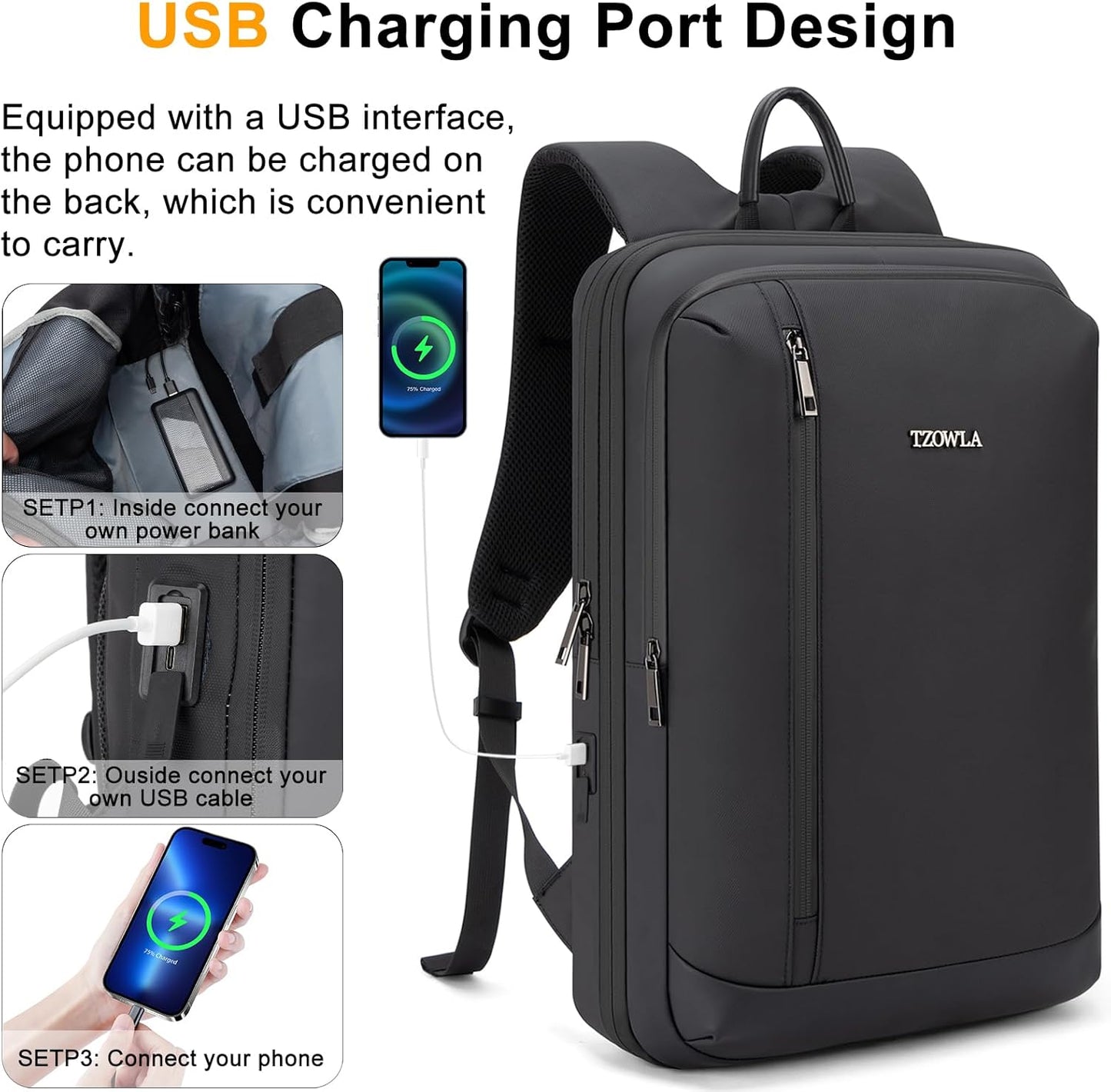 Tzowla Business Expandable Laptop Backpack for Men Professional,Slim Waterproof Backpacks for Travel/Work/Office/College with USB/Type C Charging Port,Lightweight Bag Fit 17.3 Inch Notebook(Black)