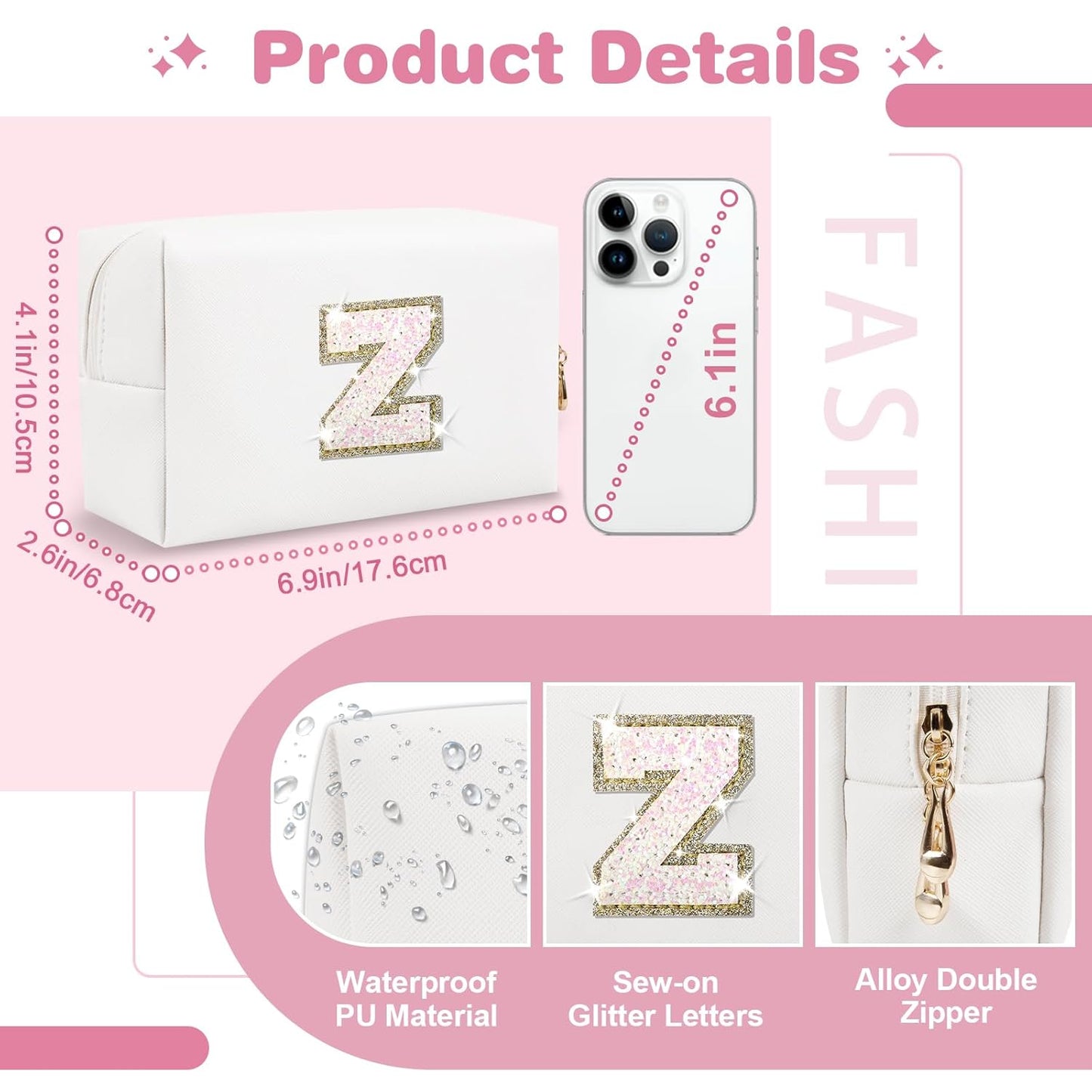 Small Initial Patch Makeup Bag Personalized Gifts Make Up Bag,White Cute PU Leather Glitter Letter