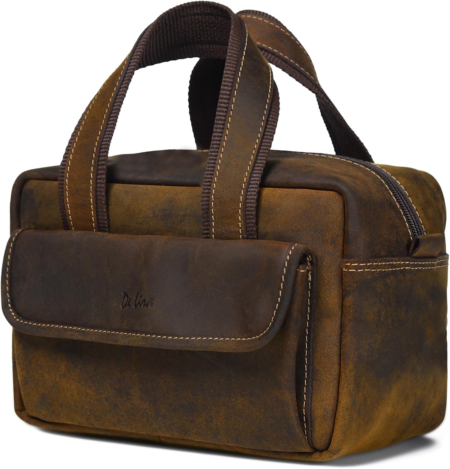 De Lira Extra Large Top-Grain Leather Toiletry Bag, Shaving Kit & Cosmetics Case, 10x6x5.5 in, Travel Organizer for Men & Women Dark Brown