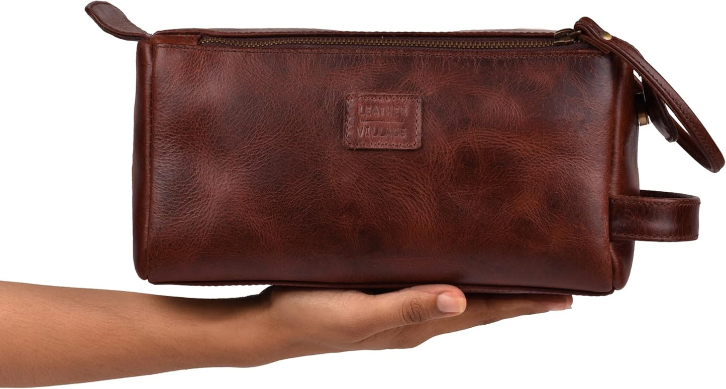 LEATHER VILLAGE Premium Leather Travel Toiletry Bag - Unisex Water-Resistant Travel Bag for