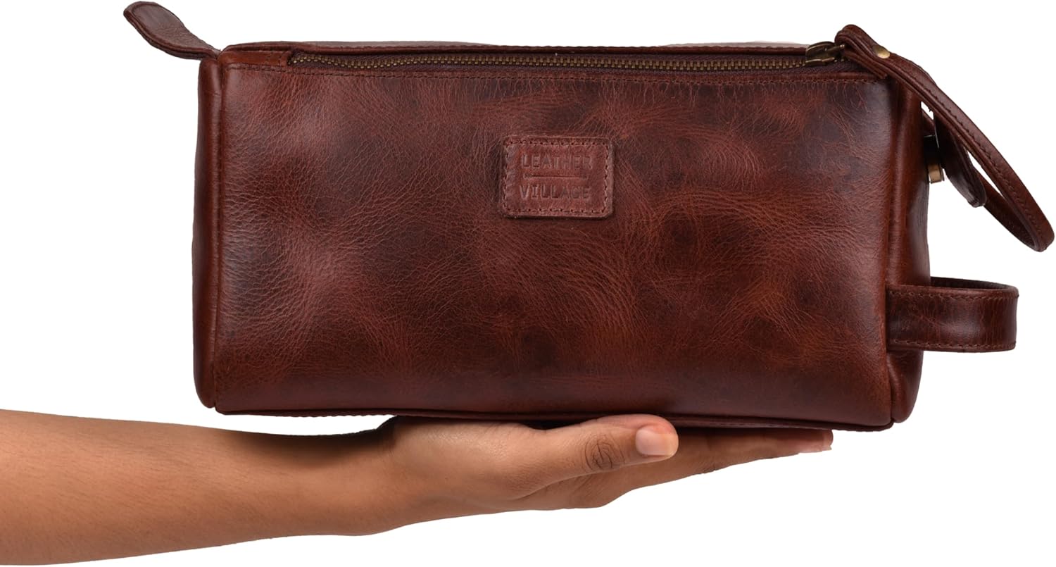 LEATHER VILLAGE Premium Leather Travel Toiletry Bag - Unisex Water-Resistant Travel Bag for