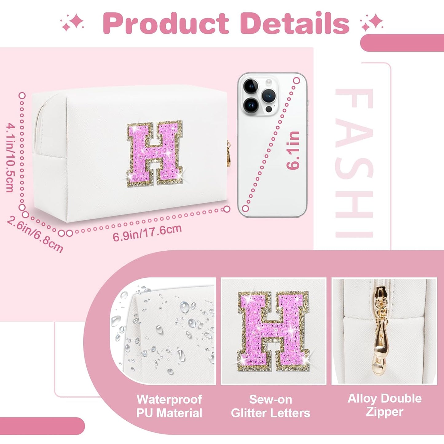 Small Initial Patch Makeup Bag Personalized Gifts Make Up Bag,White Cute PU Leather Glitter Letter Cosmetic Bag with Zipper,Trendy Portable Travel Toiletry Pouch,Preppy Stuff for Teen Girls Women H