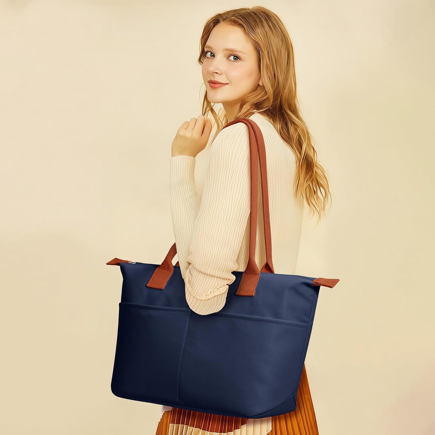 Nylon Tote Bag Women Zipper Shoulder Purse Large Hobo Top Handle Foldable Handbags for Work Travel Shopping