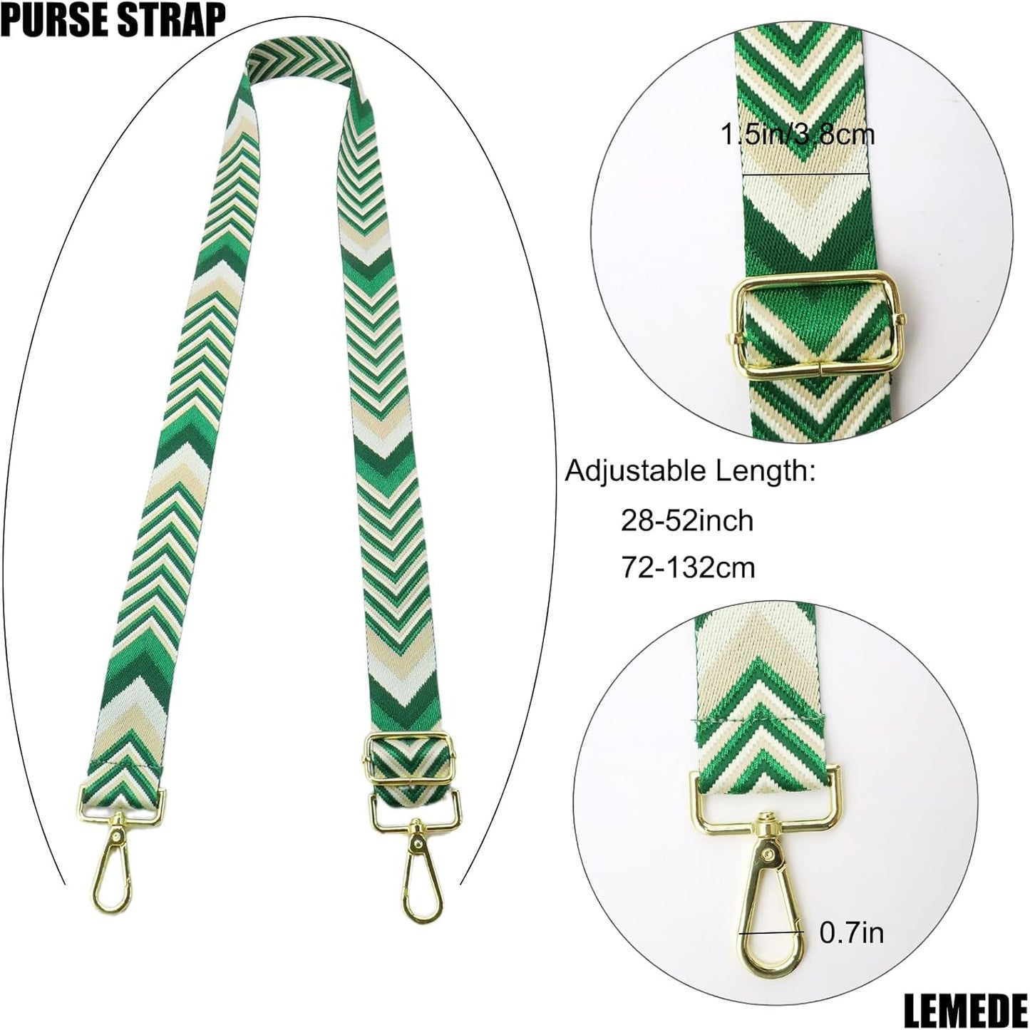 Adjustable Green Purse Strap - 1.5" Wide Handbags, Camera, Guitar, Phone & Crossbody Bag Replacement Shoulder Straps(Gold Hardware)