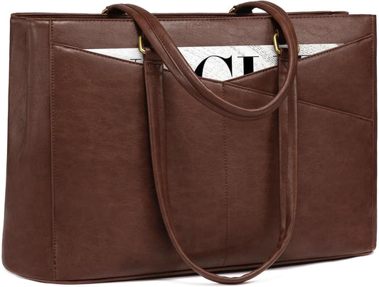 LOVEVOOK Vintage Leather Work Tote - 15.6 Inch Laptop Bag for Women, Waterproof Business Bag & Office Briefcase