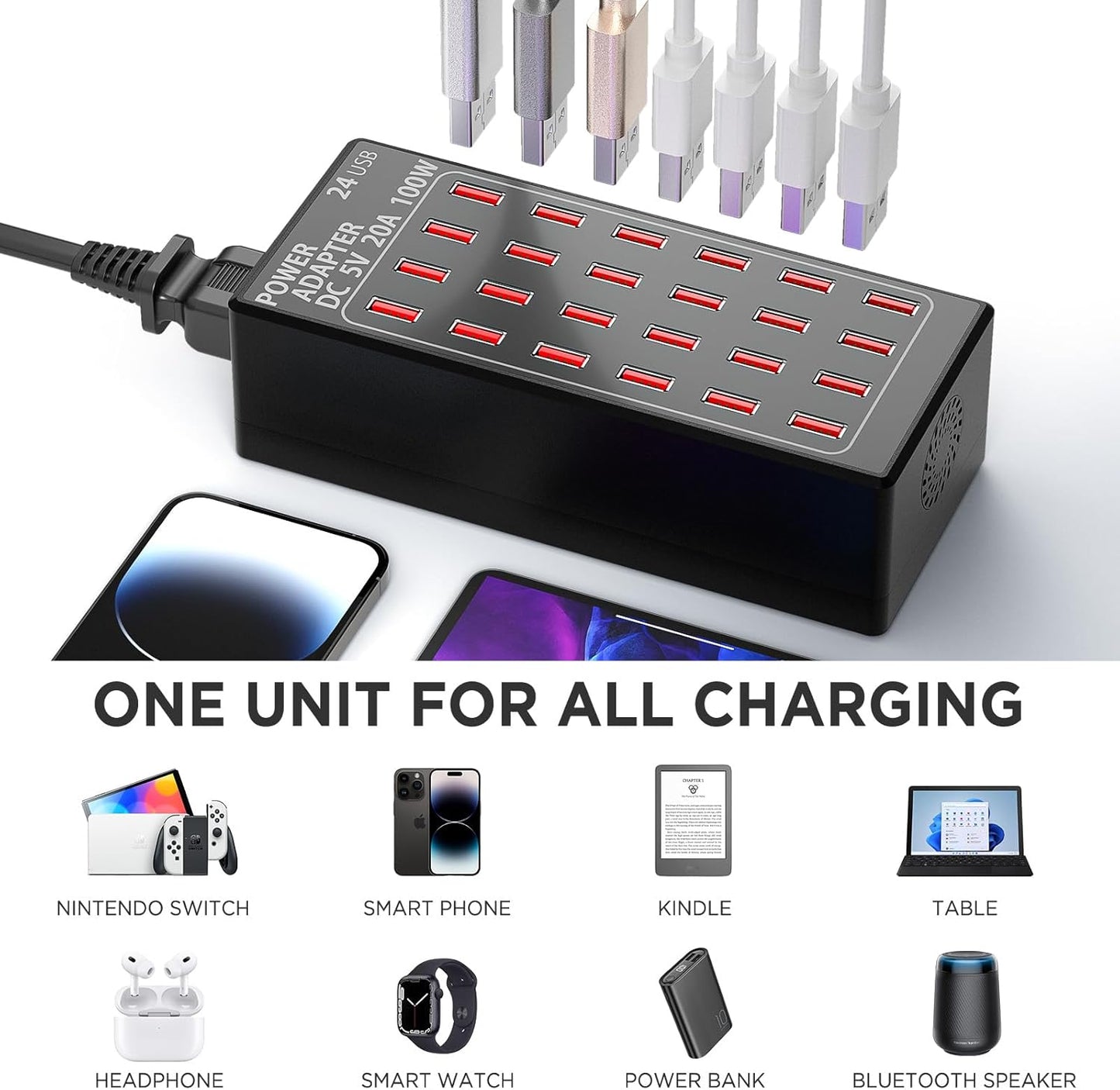 24-Port 100 watt (20 A) Charging Station for Multiple Devices, Phone Charging Station with Rapid Charging, Multiple USB Charger Station for Hotels, Schools, Shops, Shopping Malls and Travel