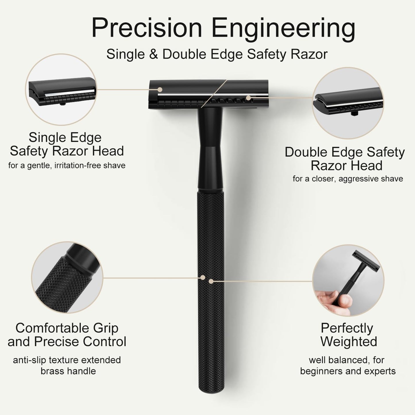 Safety Razor, Single Blade Razors for Men, Reusable Metal Razor, with 10 Double Edge Blades, Smooth Close Gentle Shave, Plastic Free, Matte Black