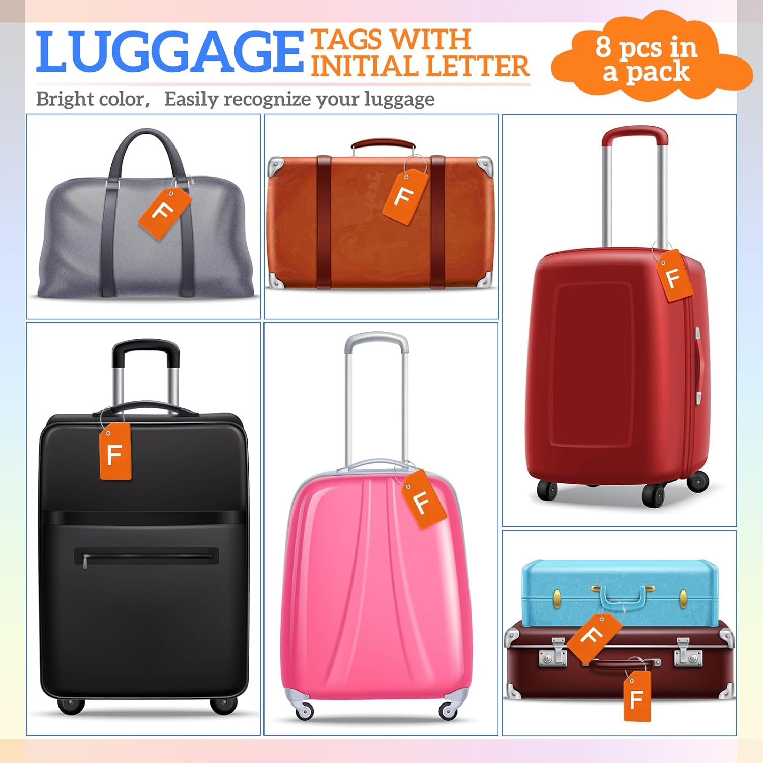 8 Pcs Initial Letter A-Z Luggage Tags Silicone Suitcase Instrument Tag with Name Card and Stainless