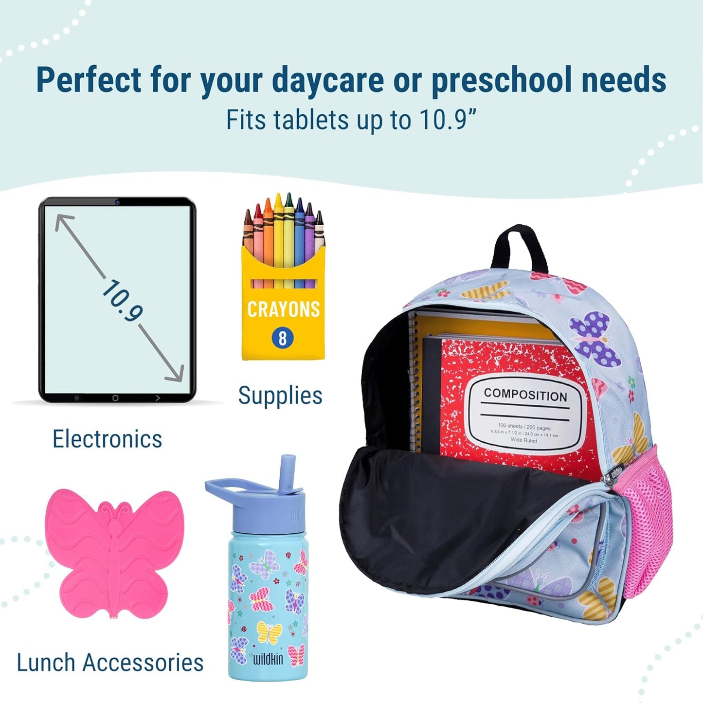 Wildkin 12-inch Kids Backpack – Padded, Adjustable, Ideal for Daycare & Travel - Butterfly Garden