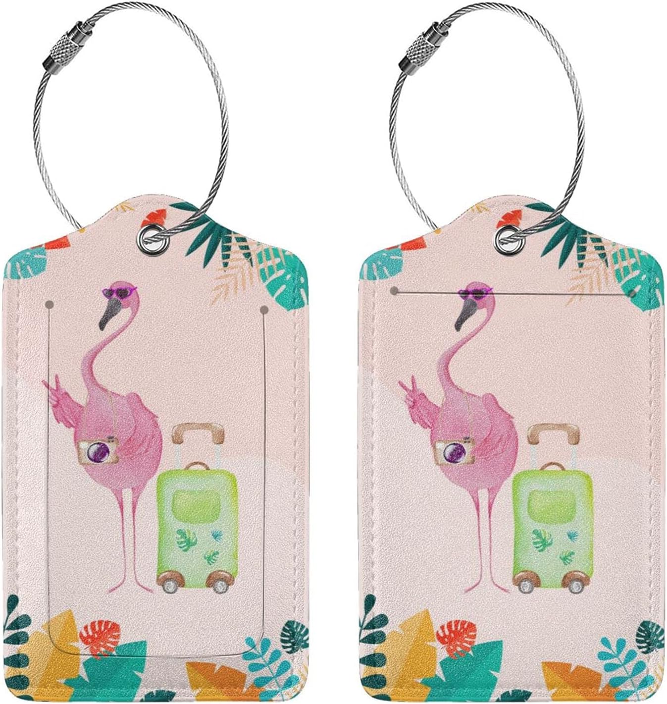 Flamingo 2 Pcs Luggage Tags, Privacy Cover Id Label with Stainless Steel Loop and Address Card for Suitcases & Travel Bags