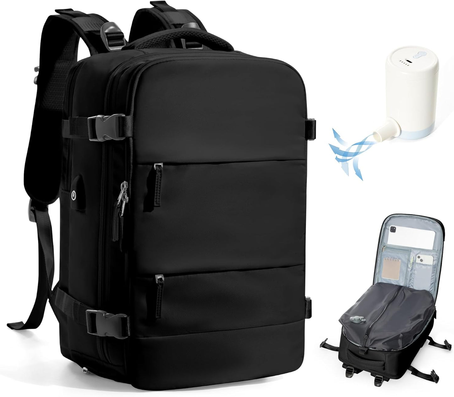 Vacuum Backpack Travel with Pump,Large Travel Backpack with Vacuum System,Mochila compresion al vacio,Flight Approved 18x14x8,Waterproof Carry on Personal Item Laptop Backpacks,Black
