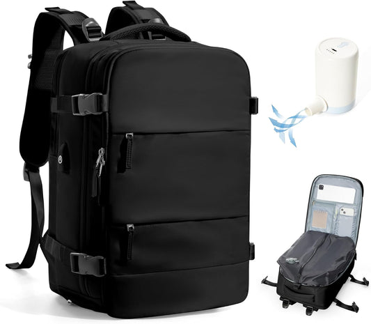 Vacuum Backpack Travel with Pump,Large Travel Backpack with Vacuum System,Mochila compresion al vacio,Flight Approved 18x14x8,Waterproof Carry on Personal Item Laptop Backpacks,Black
