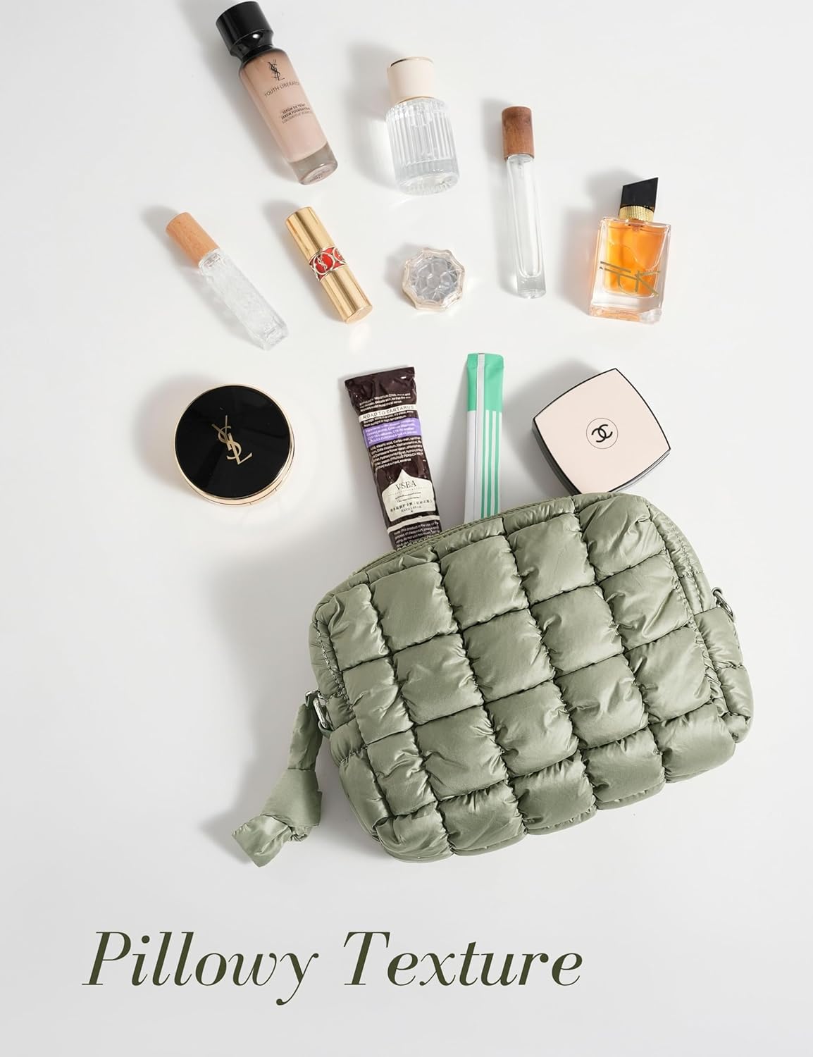 Yarnic Quilted Makeup Bag Cosmetic Bag, Travel Toiletry Bag for Women, Cute Makeup Bag Organizer Puffer Makeup Pouch (M, Sage Green)
