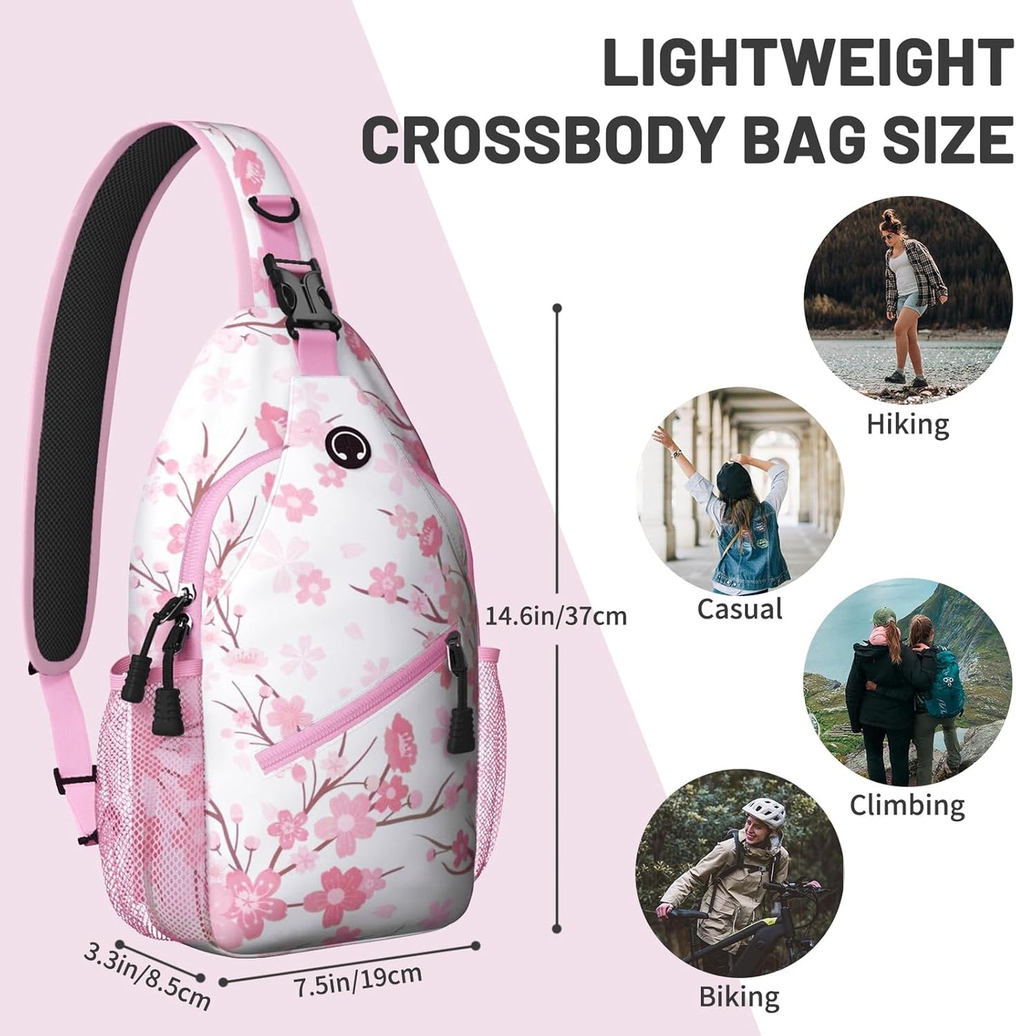 Pink Cherry Blossom Sling Bag Crossbody Chest Bag for Women Men, Water Resistant Lightweight Casual Crossbody Bag with Adjustable Strap, Travel Hiking Daypack Shoulder Backpack