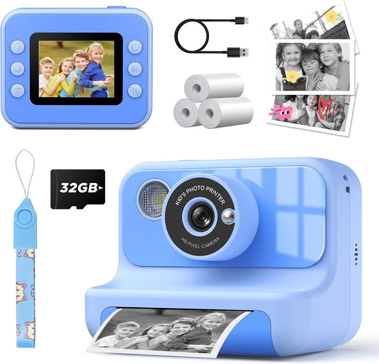 Instant Print Camera for Kids, 1080P Digital Video Cameras, Christmas Birthday Gifts Toys for Age 3-12, Toddler Camera for 4 5 6 7 8 9 10 Year Old Boys - Blue