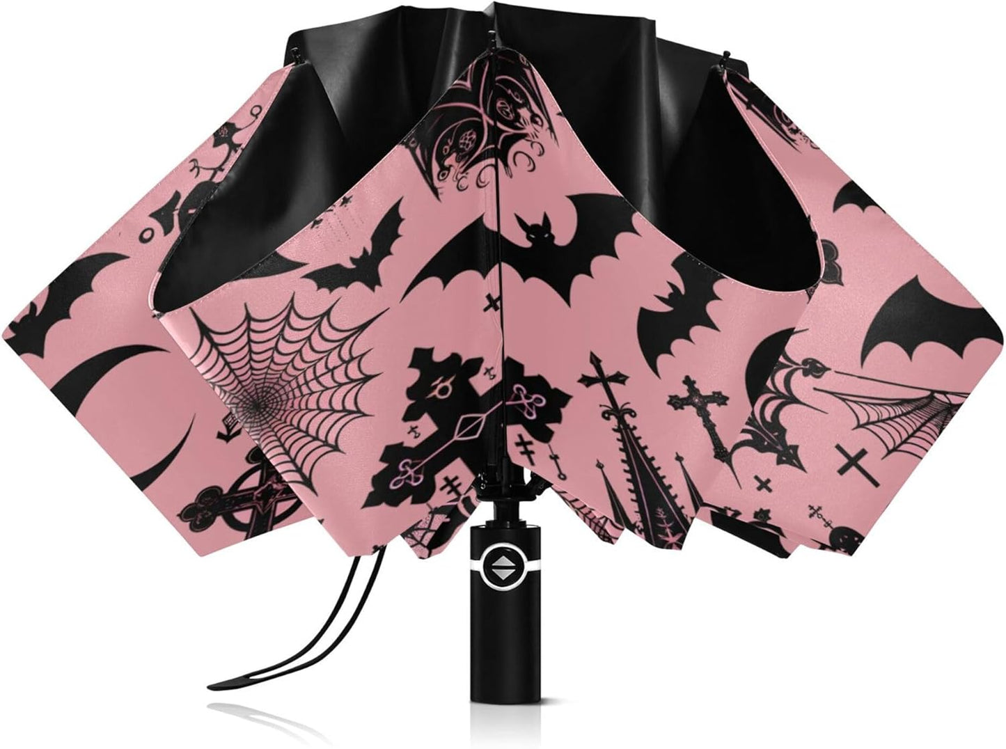 Automatic Folding Umbrella Windproof Strong, UV Protection Compact Black Gothic Moon Spider Webs and Bats Sun Rain Sun Rain Travel Umbrellas for Women Men