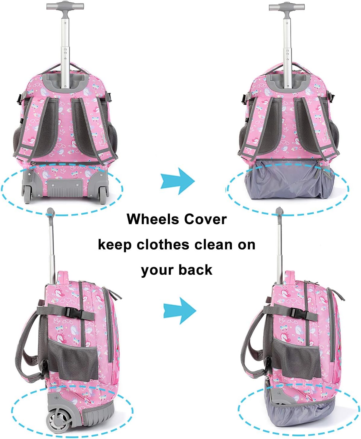 Tilami Rolling Backpack 19 inch with Lunch Bag Wheeled Laptop Backpack (Unicorn Pink)