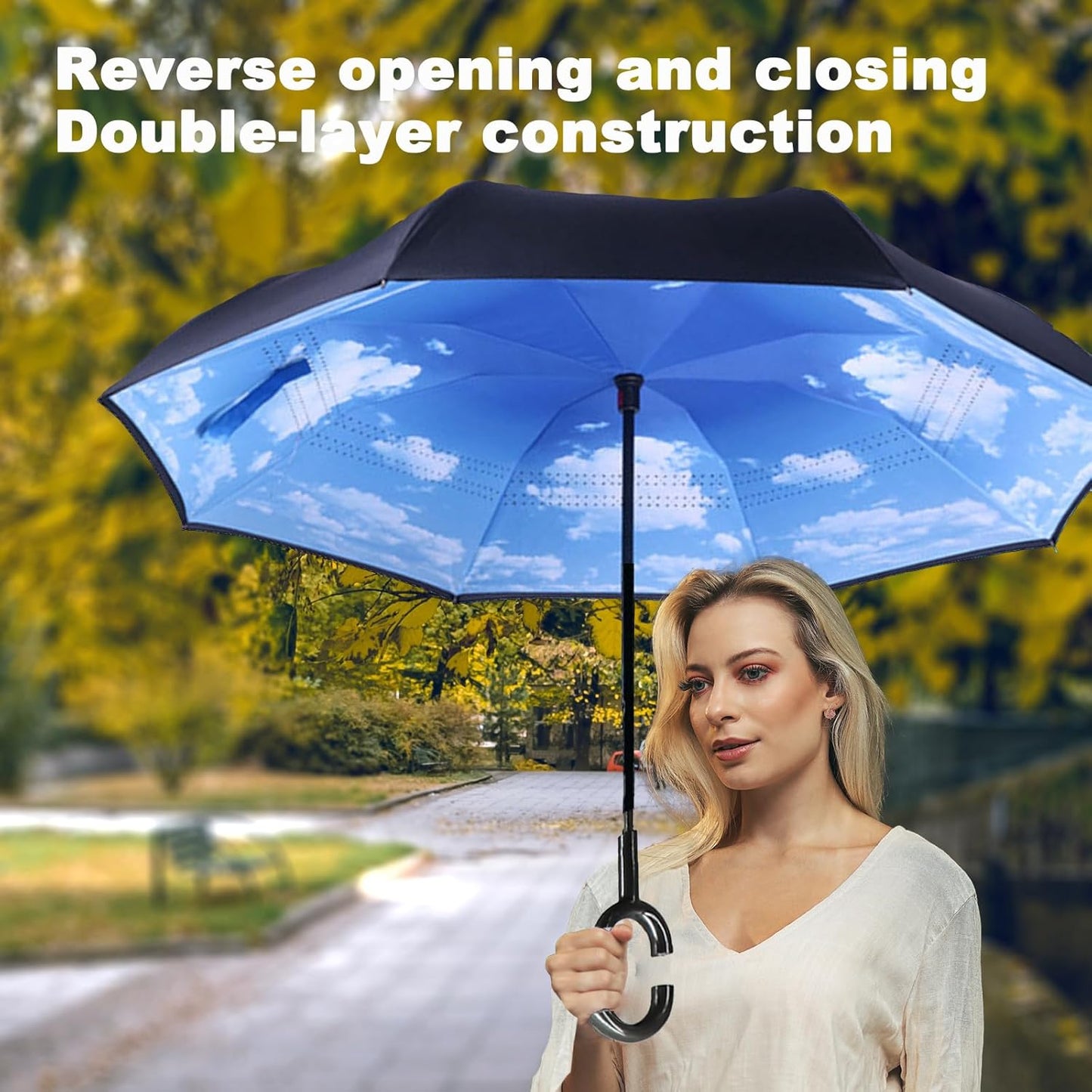 SIEPASA 49/56 Inch Inverted Reverse Upside Down Umbrella, Extra Large Double Canopy Vented Windproof Waterproof Stick Golf Umbrellas with C-shape Handle.