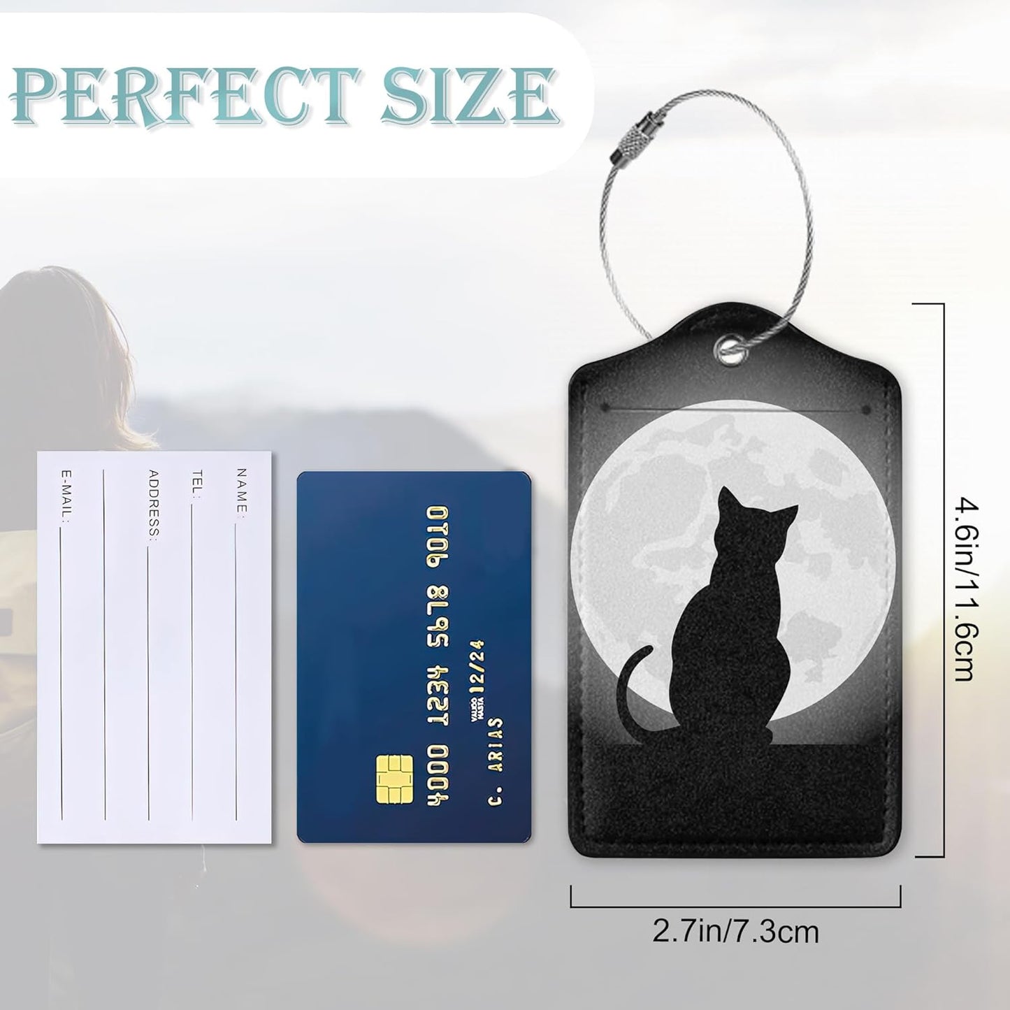 Halloween Luggage Tag,Black Cat Moon Luggage Tags of Set 2 Leather Identifiers Privacy Cover with Stainless Steel Loop for Women Men Travel Bag Suitcase