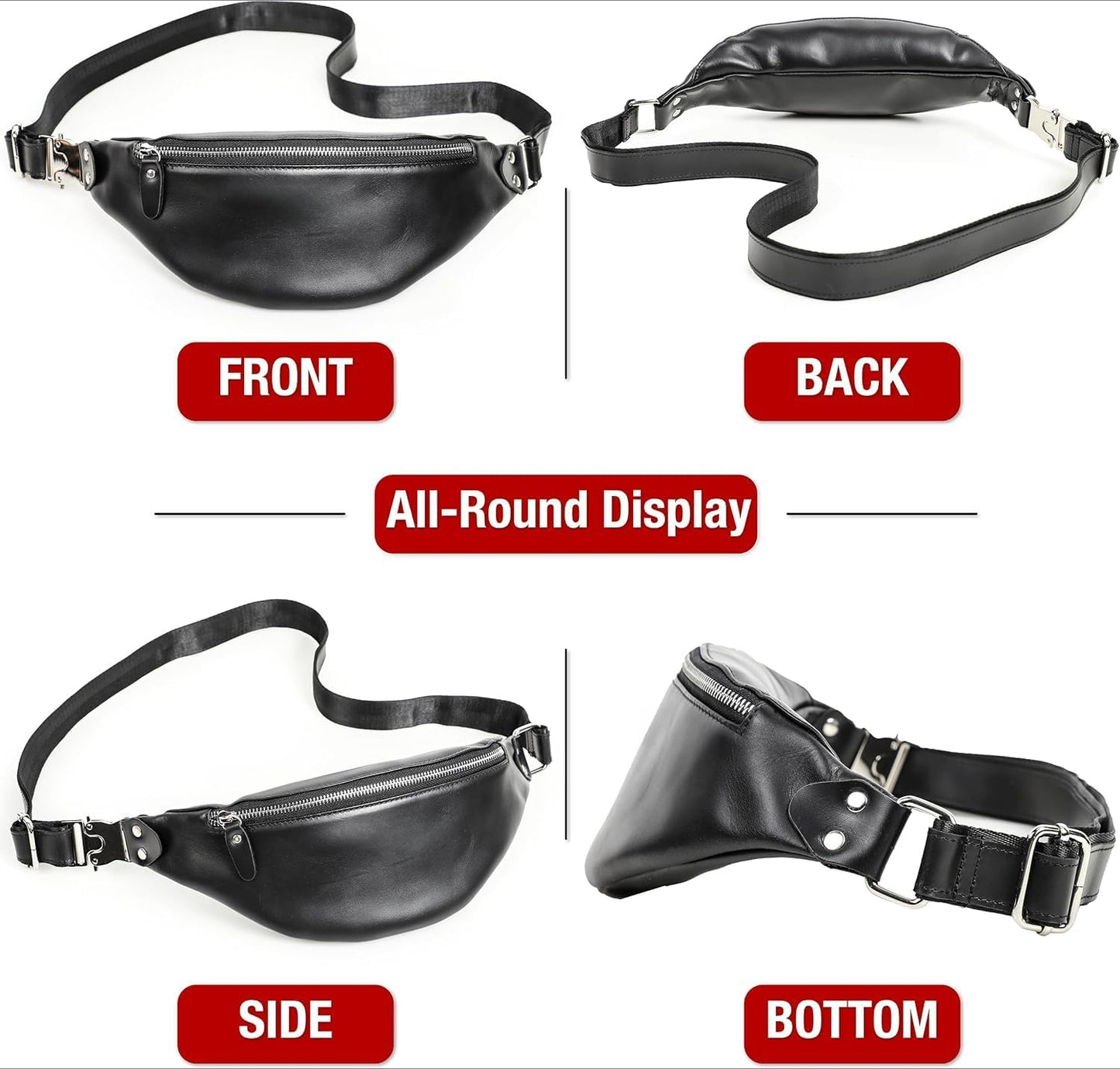 Slim Genuine Leather Waist Pack for Men Women Vintage Crossbody Fanny Pack Travel Riding Detachable Belt Bag (Glossy Black)