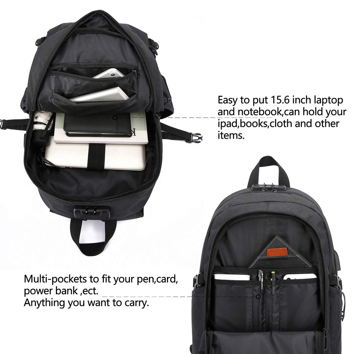 WENIG Anti-Theft Travel Laptop Backpack with USB Charging Port Lock,Water Resistant Slim Work