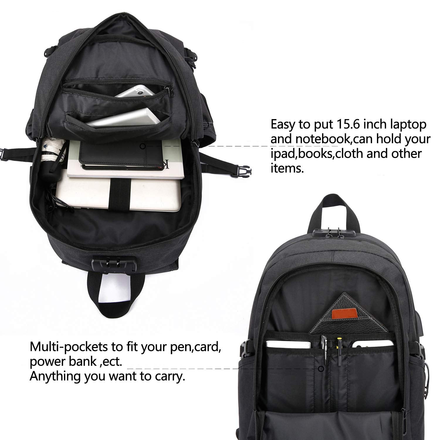 WENIG Anti-Theft Travel Laptop Backpack with USB Charging Port Lock,Water Resistant Slim Work