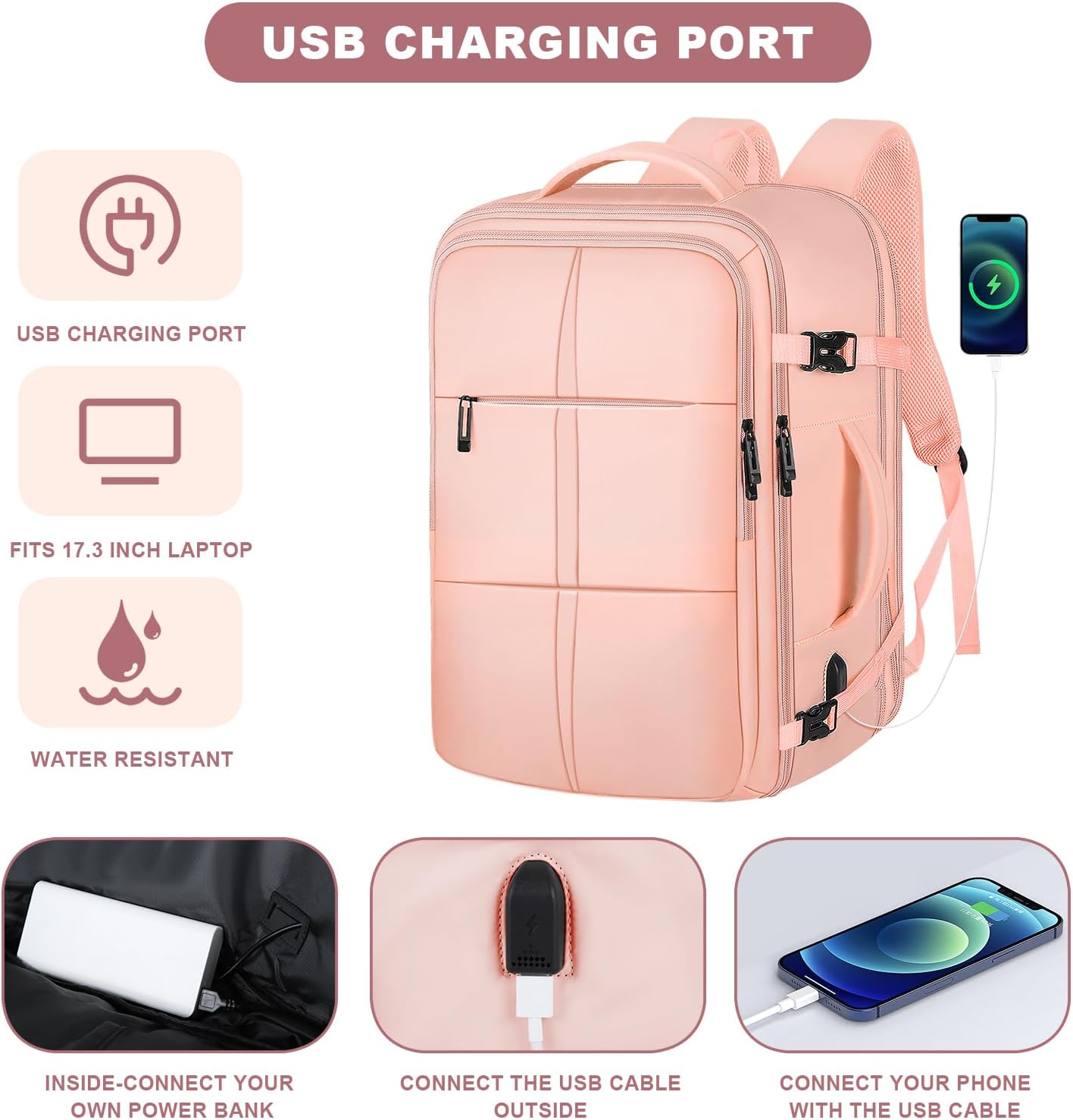 Travel Backpack, 55L Carry On Backpack for Men Women Flight Approved, Expandable Large Luggage Bag Daypack Water Resistant Overnight Business Weekender Bag, Fits 18.4 Inch Laptops, Pink
