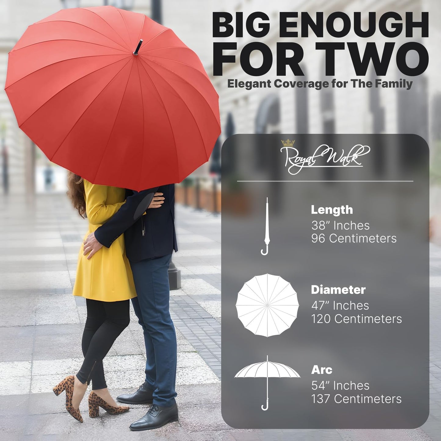Royal Walk Windproof Large Umbrella for Rain 54 Inch Automatic Open for 2 Persons Wind Resistant Big Golf Umbrellas for Adult Men Women Classic Wooden Handle Fast Drying Strong 16 Ribs Travel 120cm