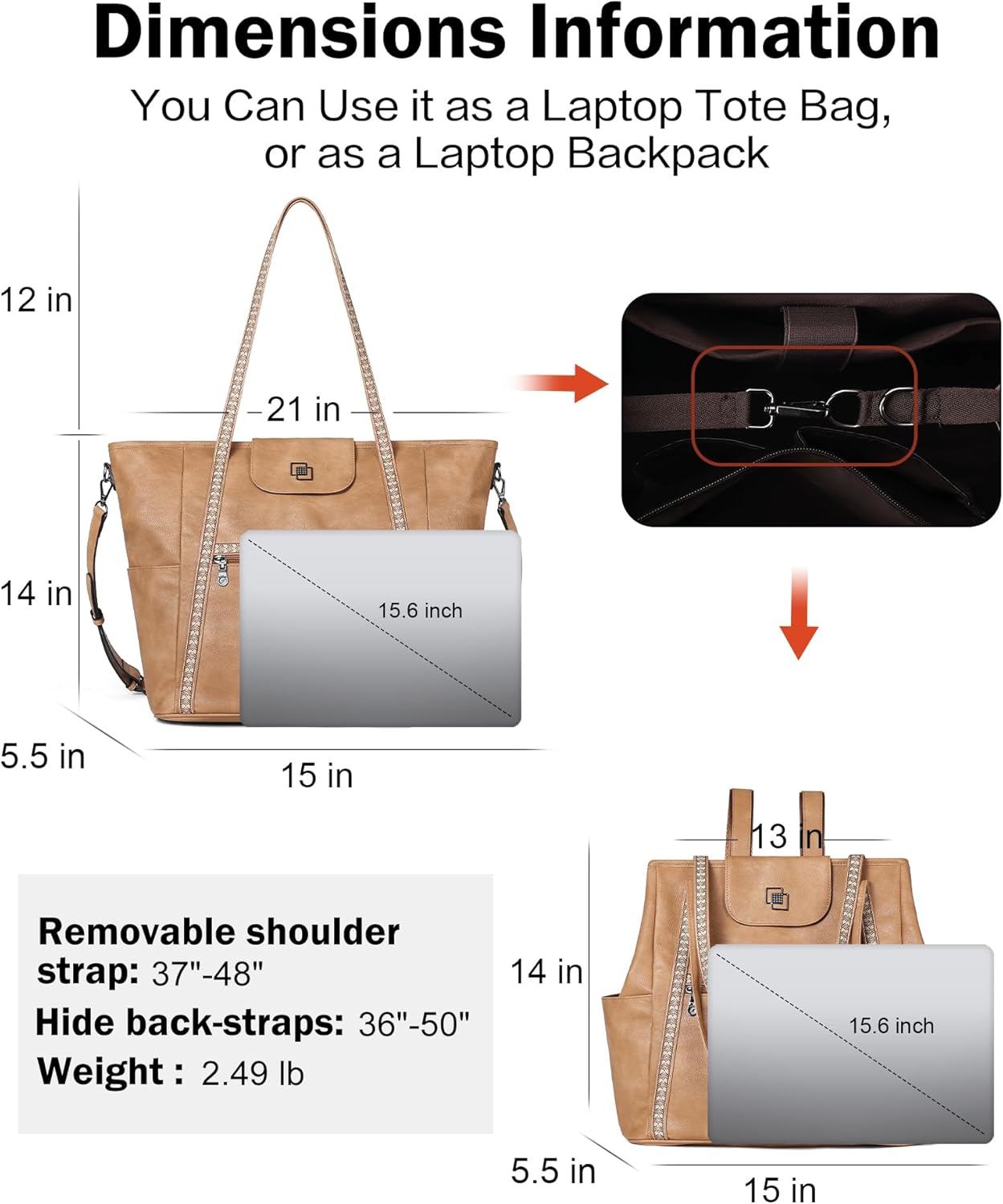 FADEON Large Laptop Tote Bag for Women Designer Leather Laptop Bag Fashion Travel Backpack Purse Shoulder Handbag