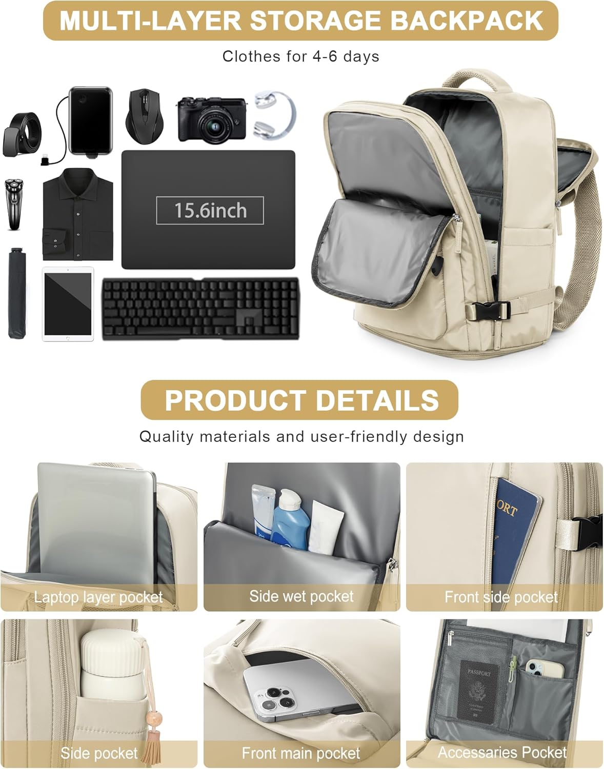 VGCUB Large Travel Work Business Backpack Carry on flight Approved 17 Inch Laptop Backpack for Women Men with Laptop Compartment Mochila de Viaje,Beige