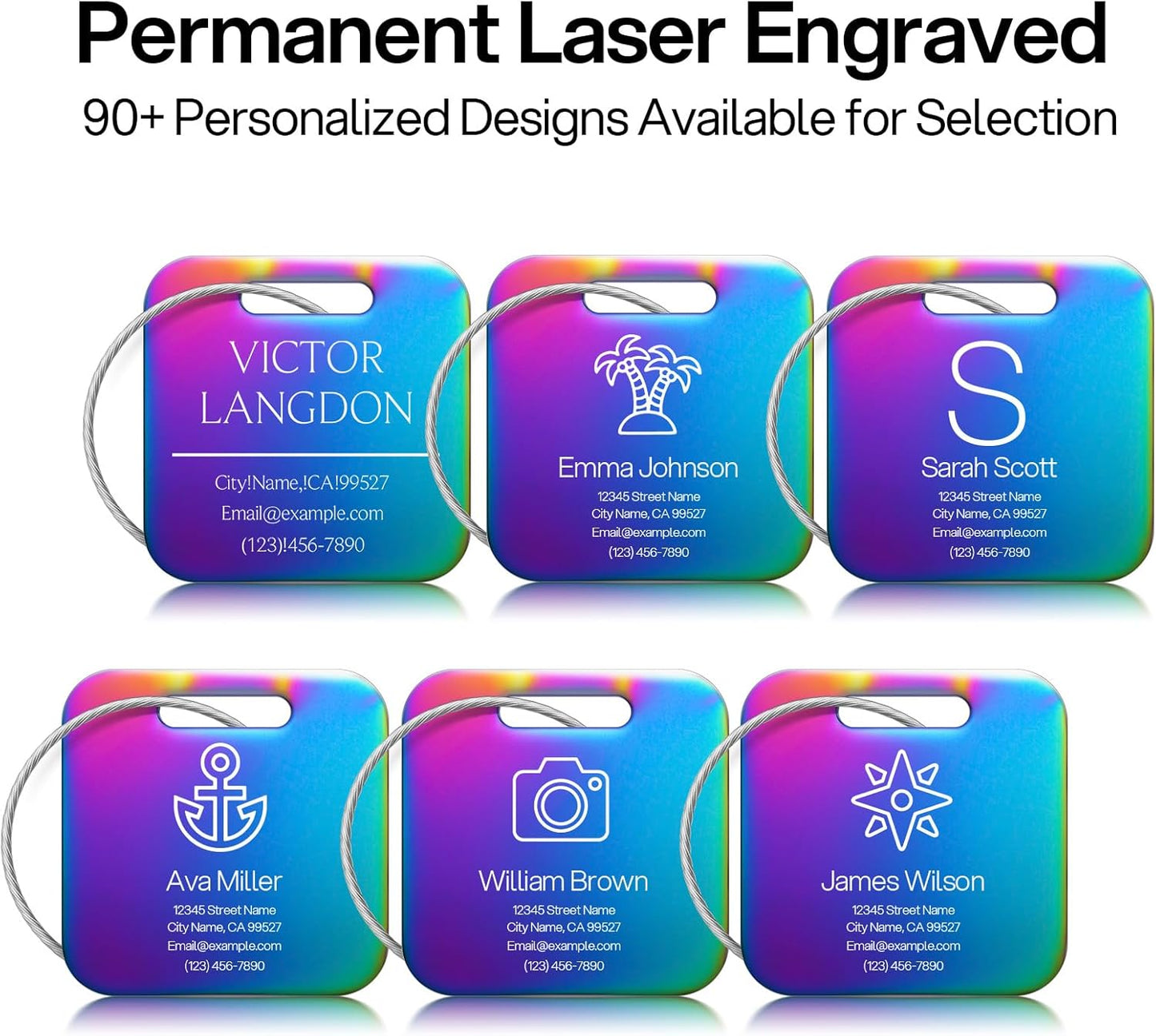 Initial Personalized Luggage Tags for Suitcases - Laser Engraved Stainless Steel Custom Name ID Tag for Backpack and Bag Kids, Women - Metal Baggage Tags Travel Essentials Accessories(Square - Nebula)