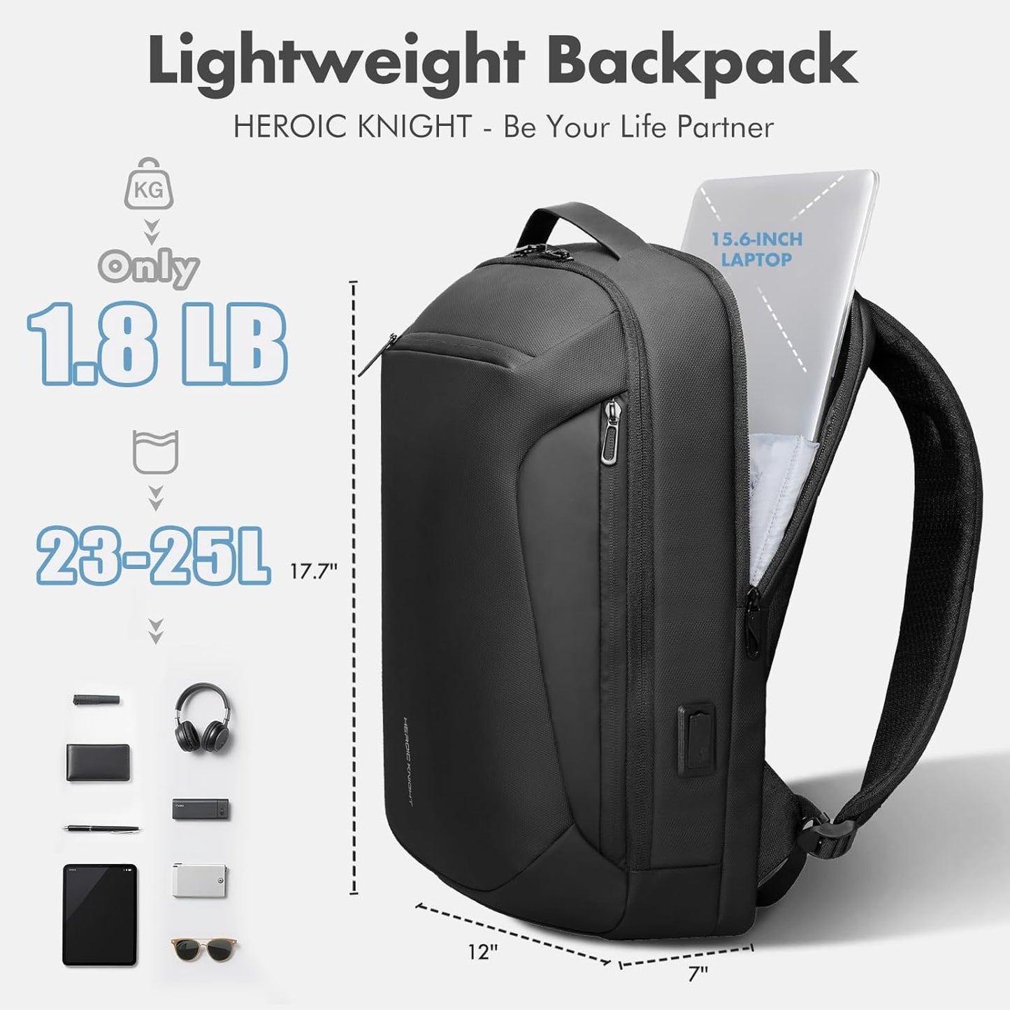 Laptop Backpack for Men,Slim Business Travel Backpack with USB Charging Port, Waterproof College Computer Office Work Bag Fits 15.6 Inch, Anti Theft High-Tech Casual Daypack Gift for Men Women, Black