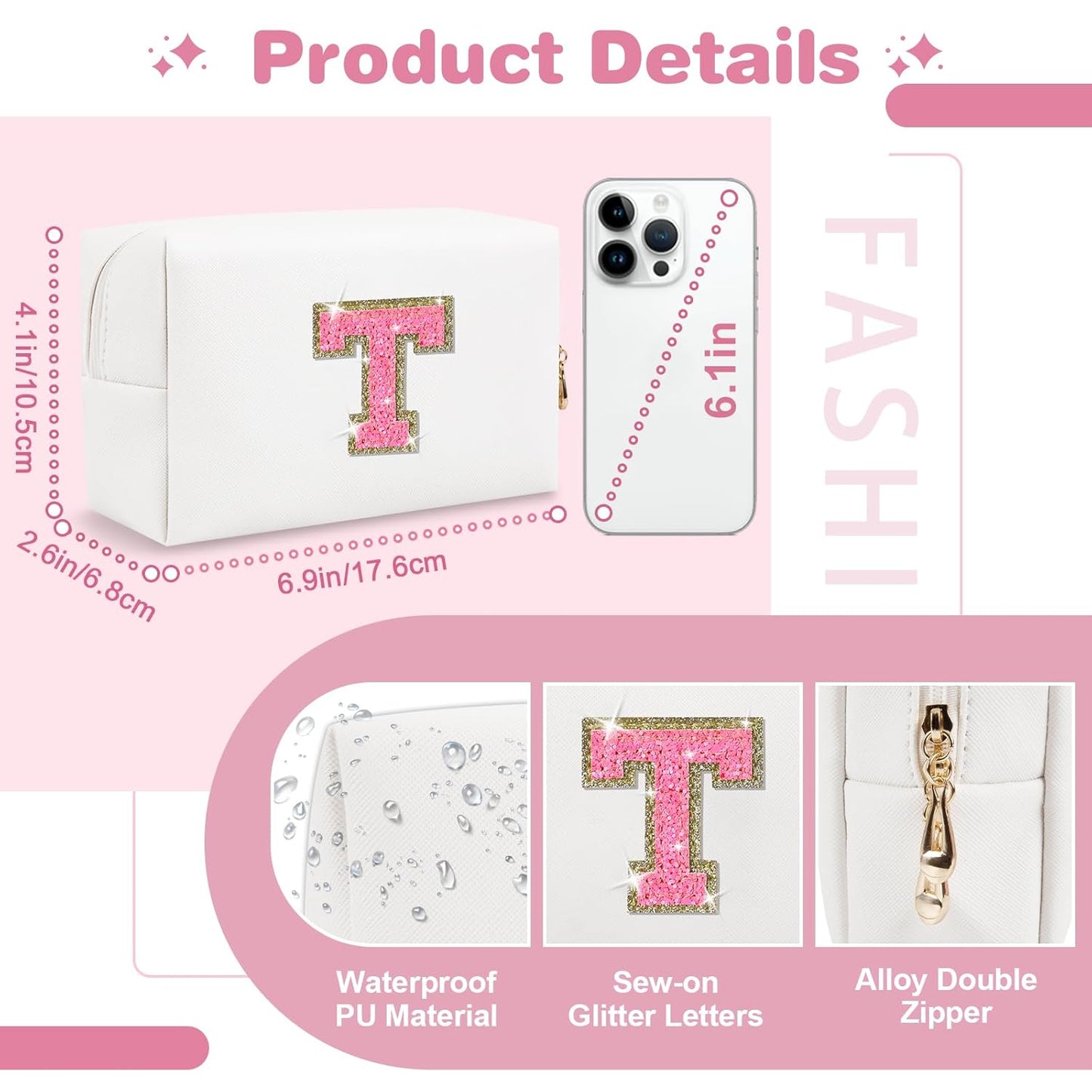Small Personalized Initial A-Z Patch Makeup Bag,White Cute PU Leather Glitter Letter Cosmetic Bag for Teen Girls,Travel Toiletry Bag with Zipper,Preppy Monogrammed Birthday Gift for Daughter Niece T