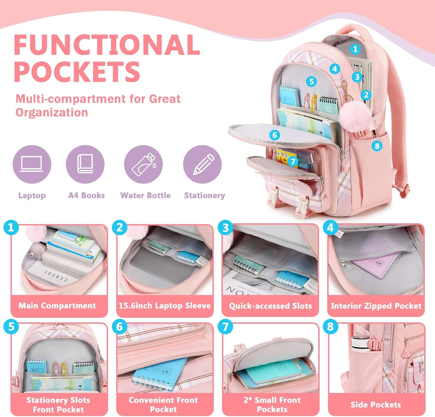 Girls Backpack for School, Kawaii Bookbag for Teen Multiple Pockets School Bag for Primary